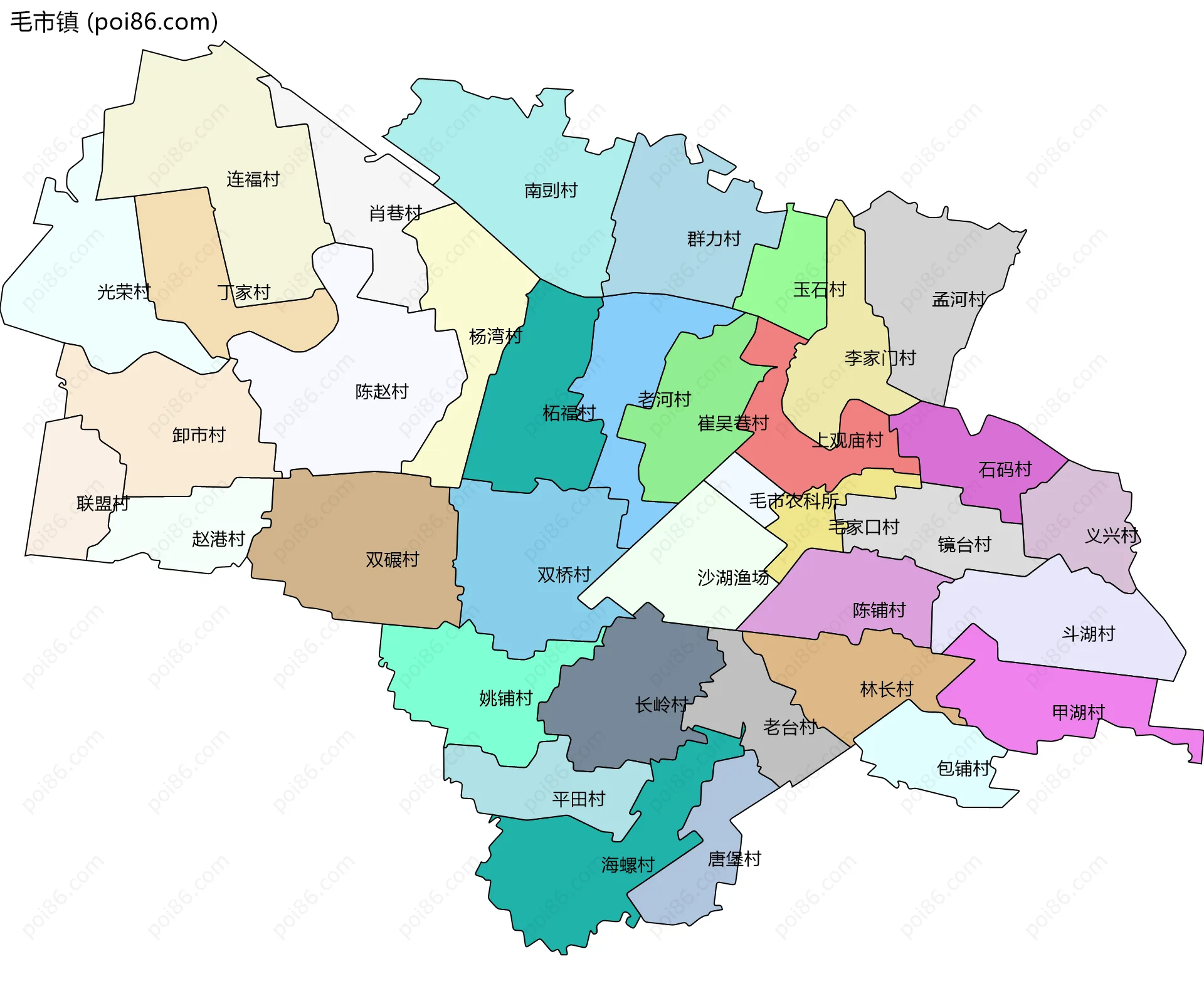 毛市镇边界地图(五级行政区划)