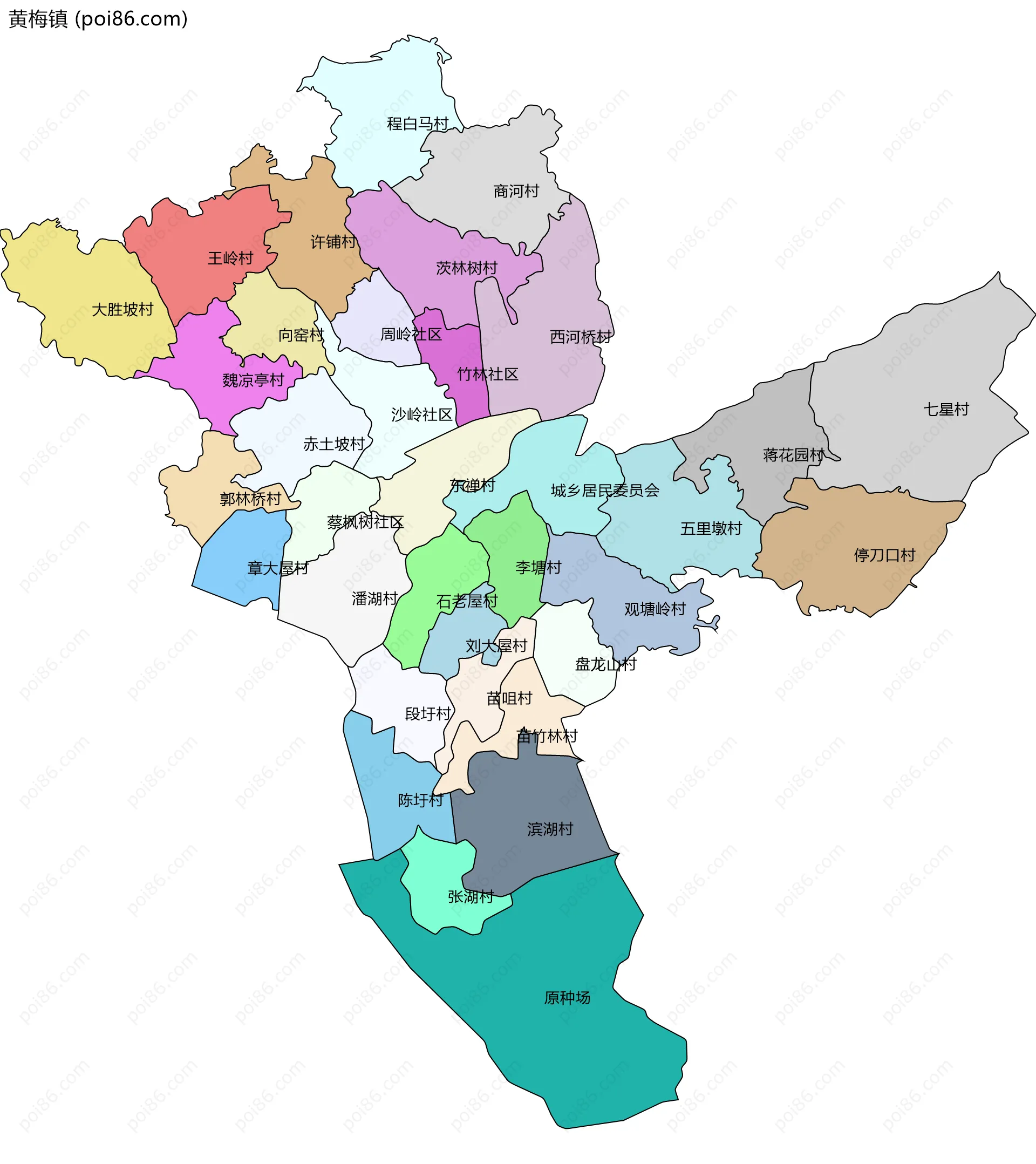 黄梅镇边界地图(五级行政区划)
