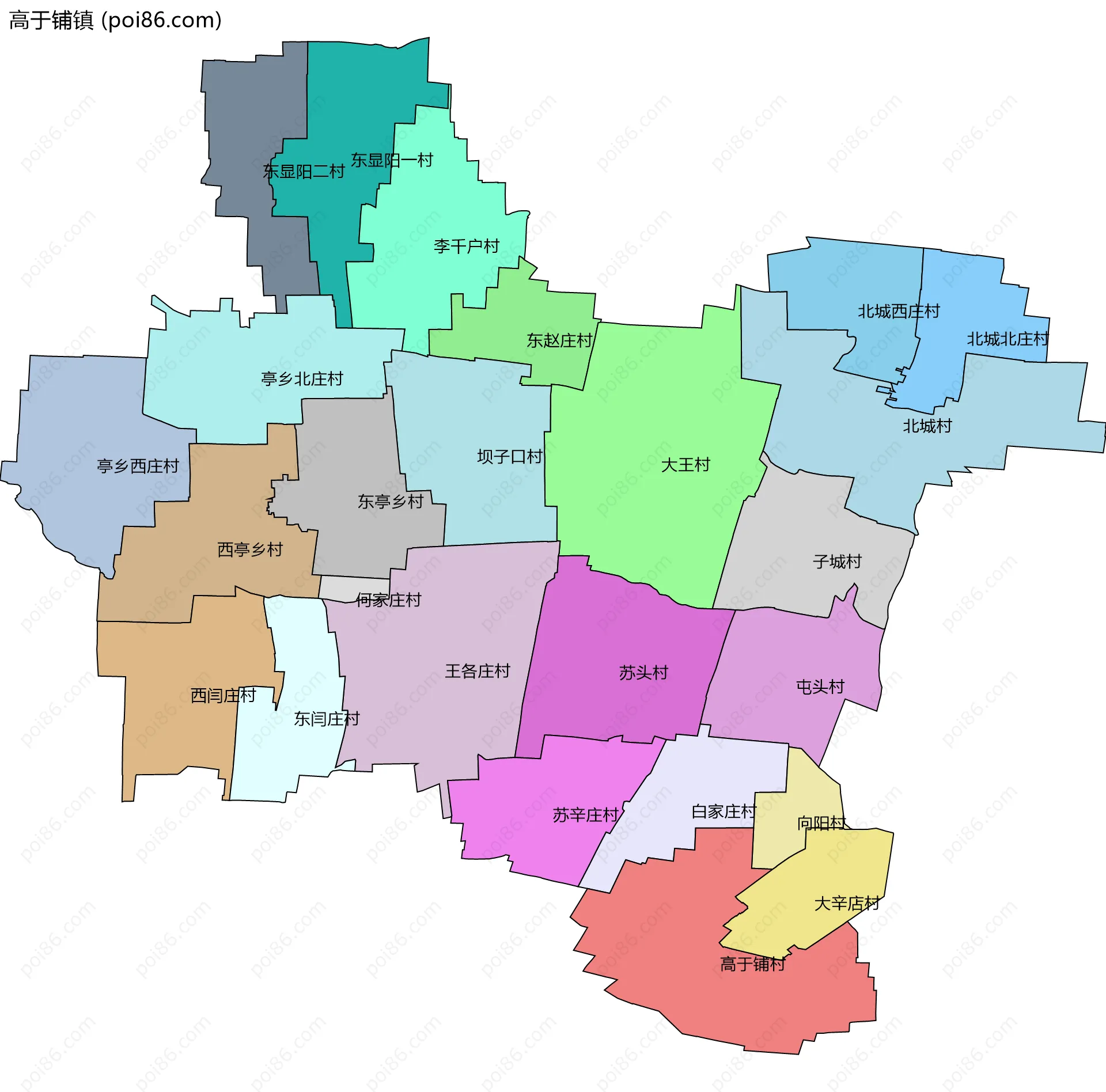 高于铺镇边界地图(五级行政区划)