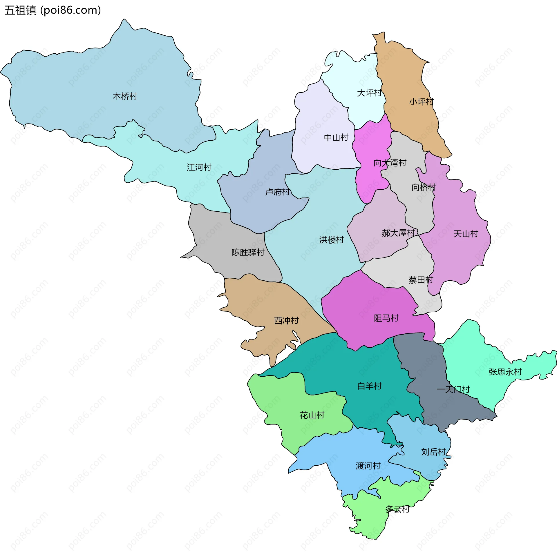 五祖镇边界地图(五级行政区划)