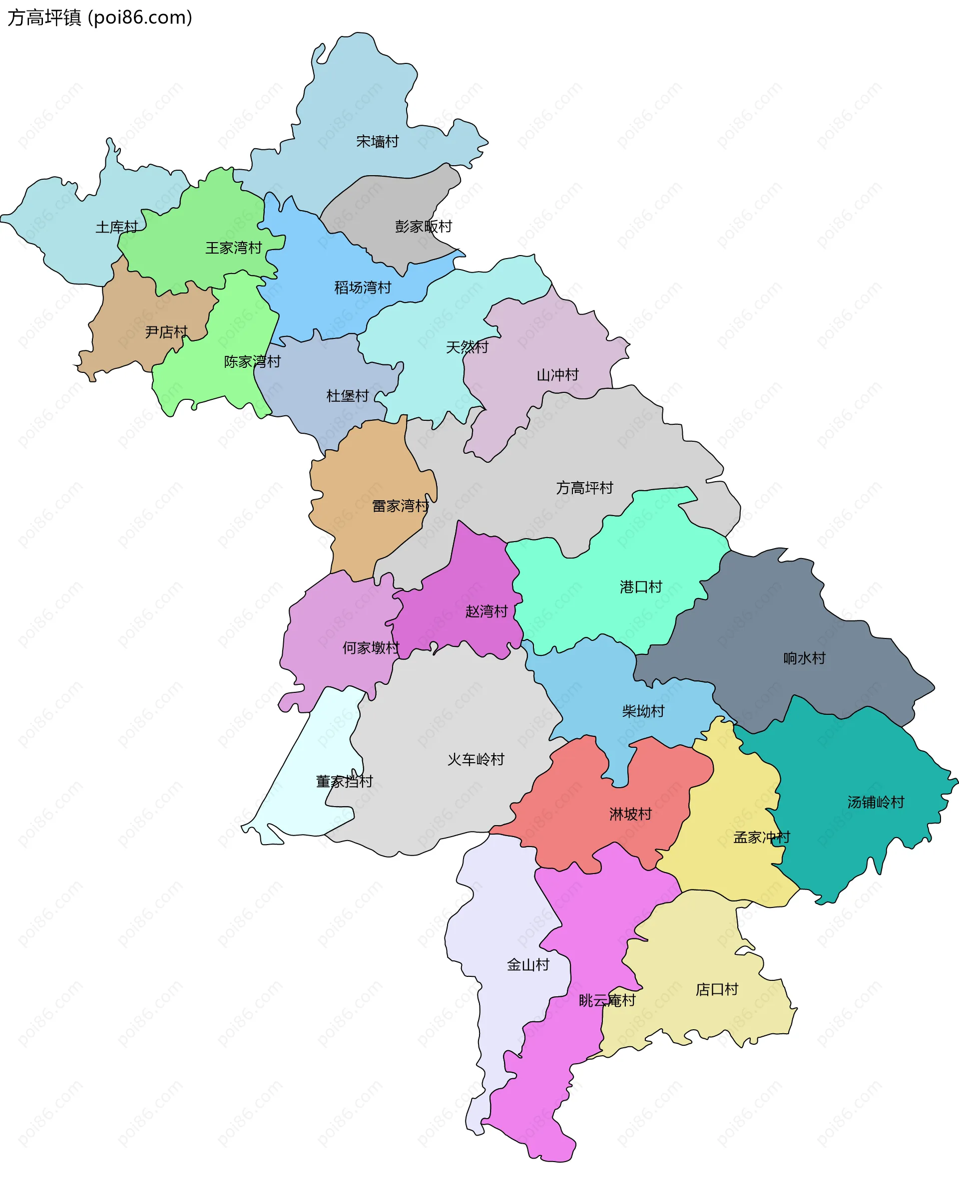 方高坪镇边界地图(五级行政区划)