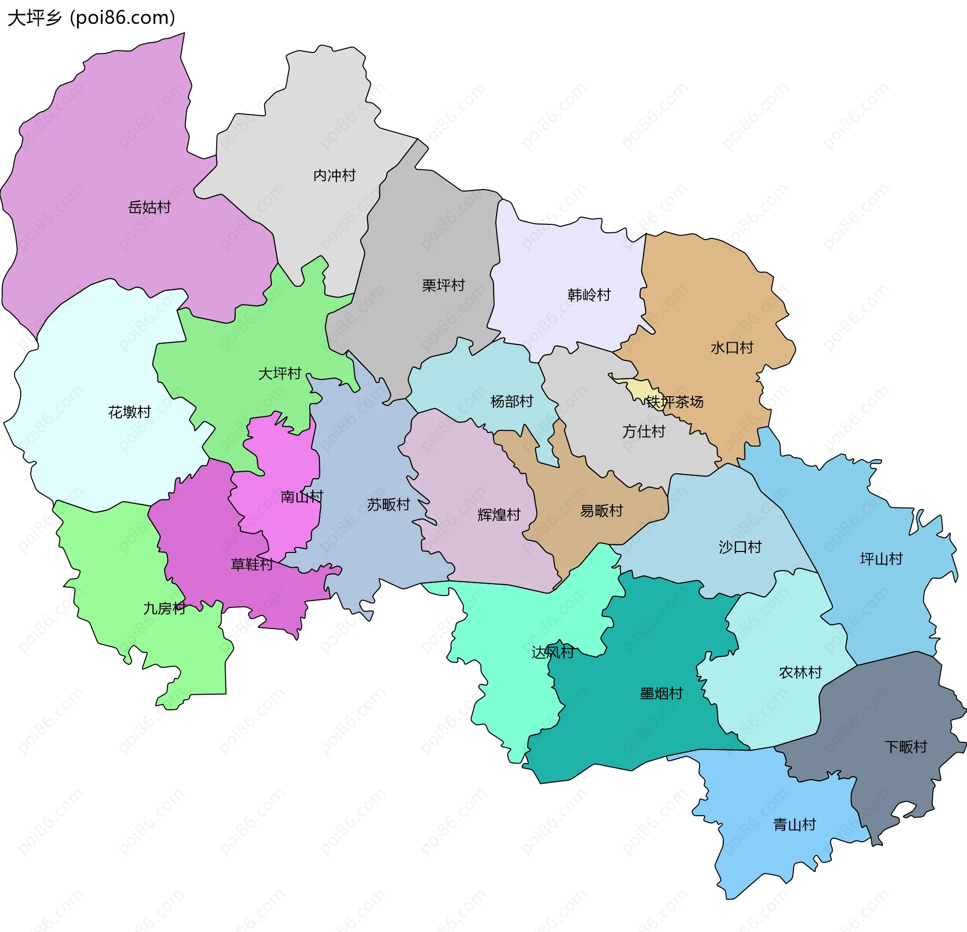 大坪乡边界地图(五级行政区划)