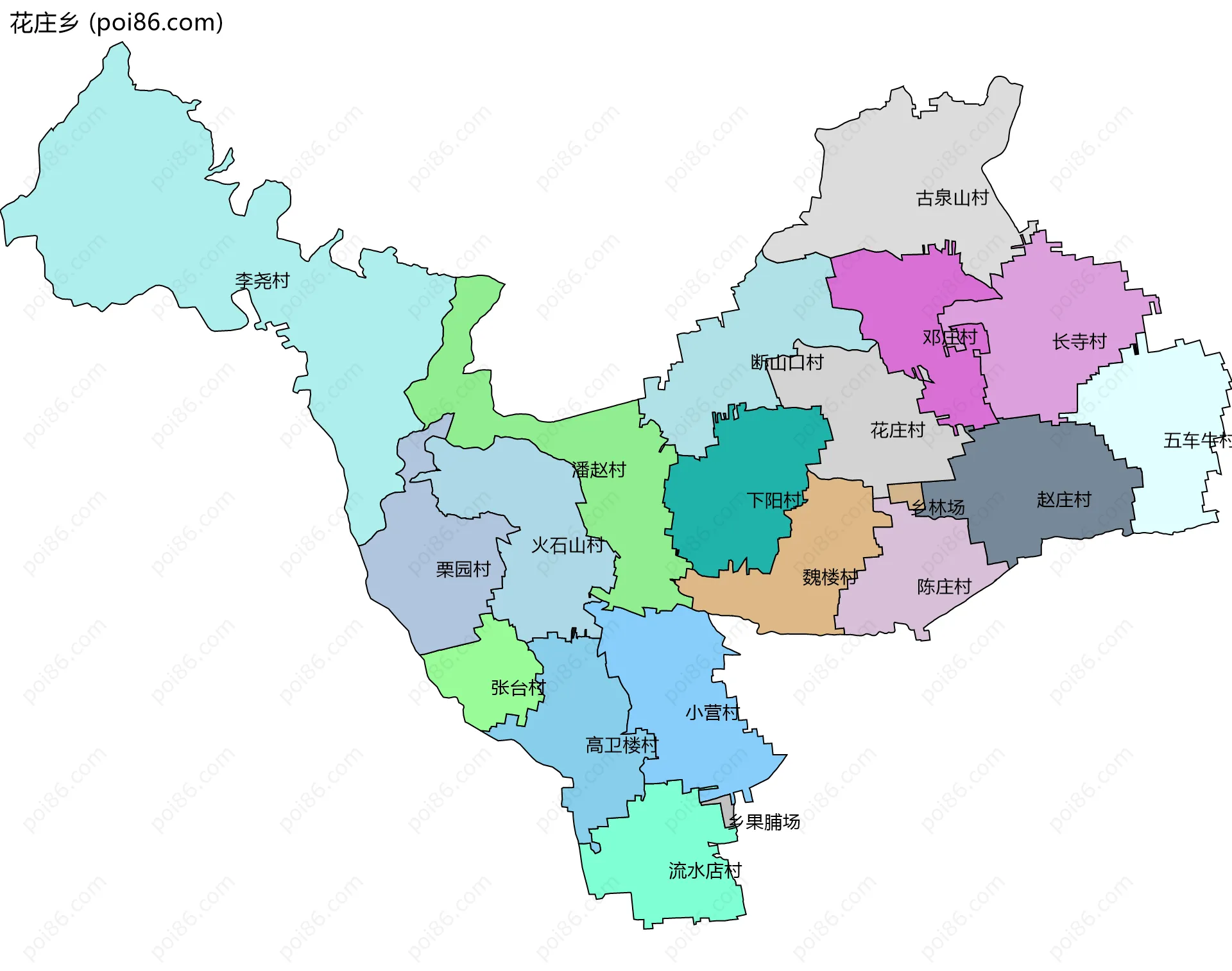 花庄乡边界地图(五级行政区划)