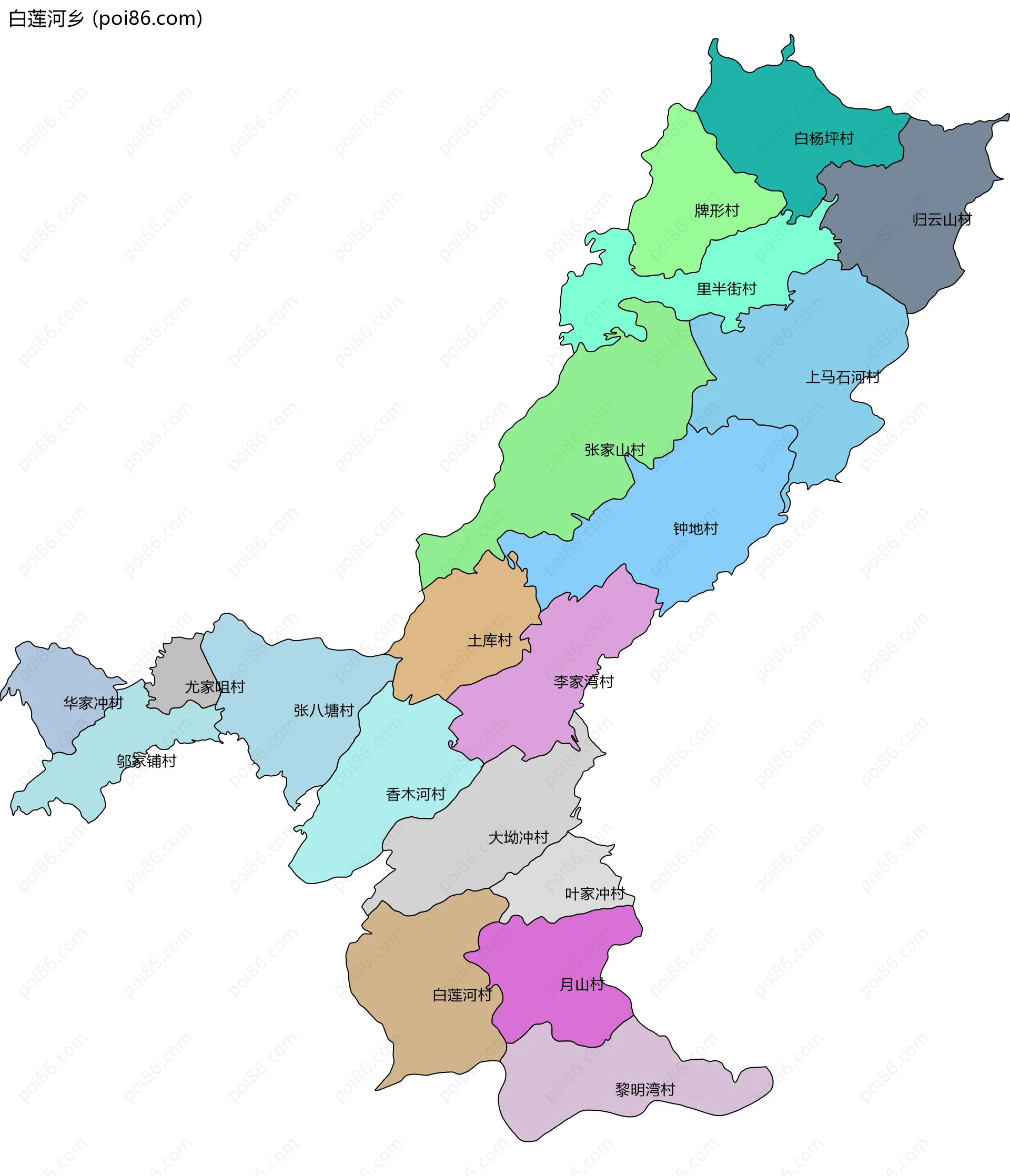 白莲河乡边界地图(五级行政区划)