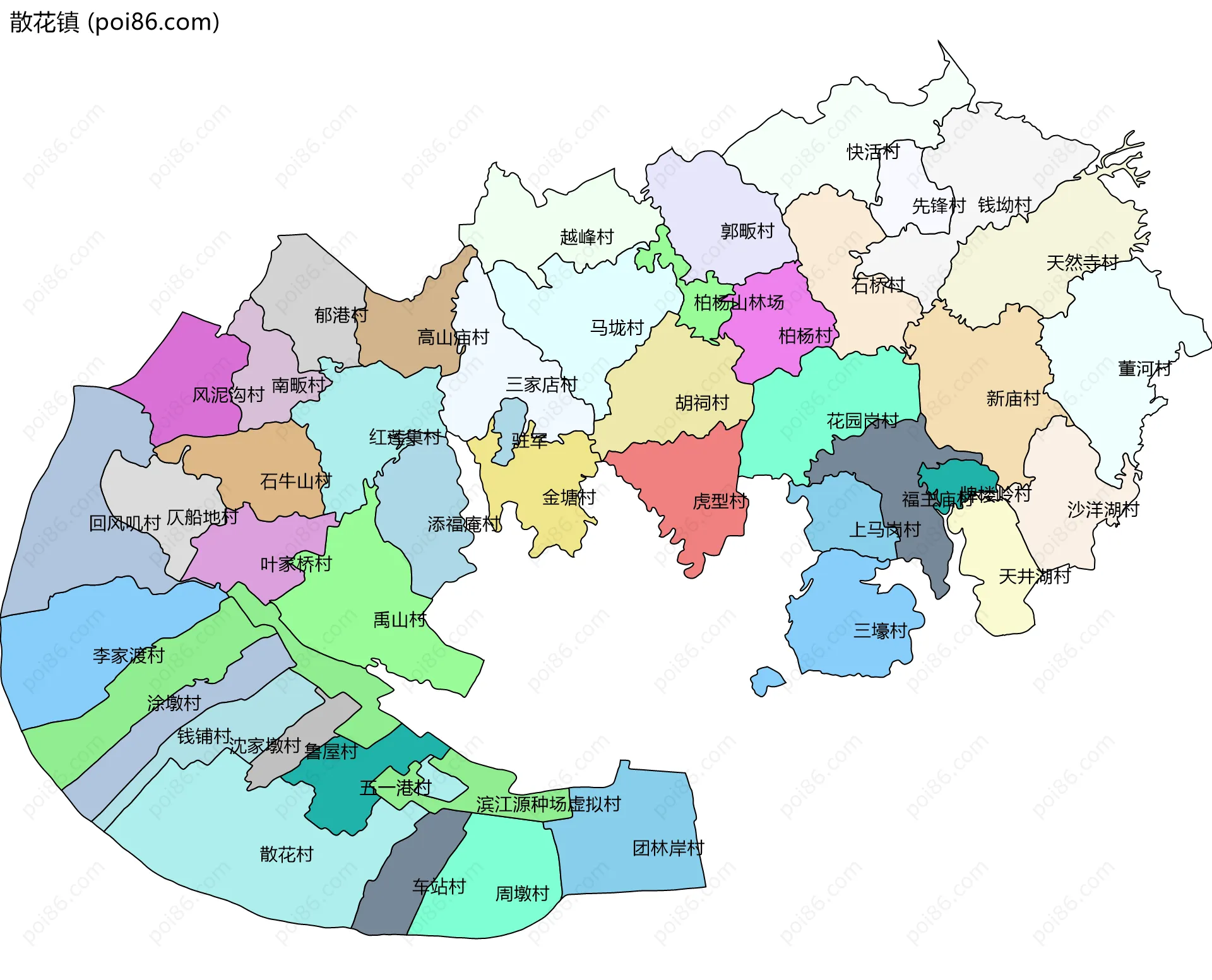 散花镇边界地图(五级行政区划)