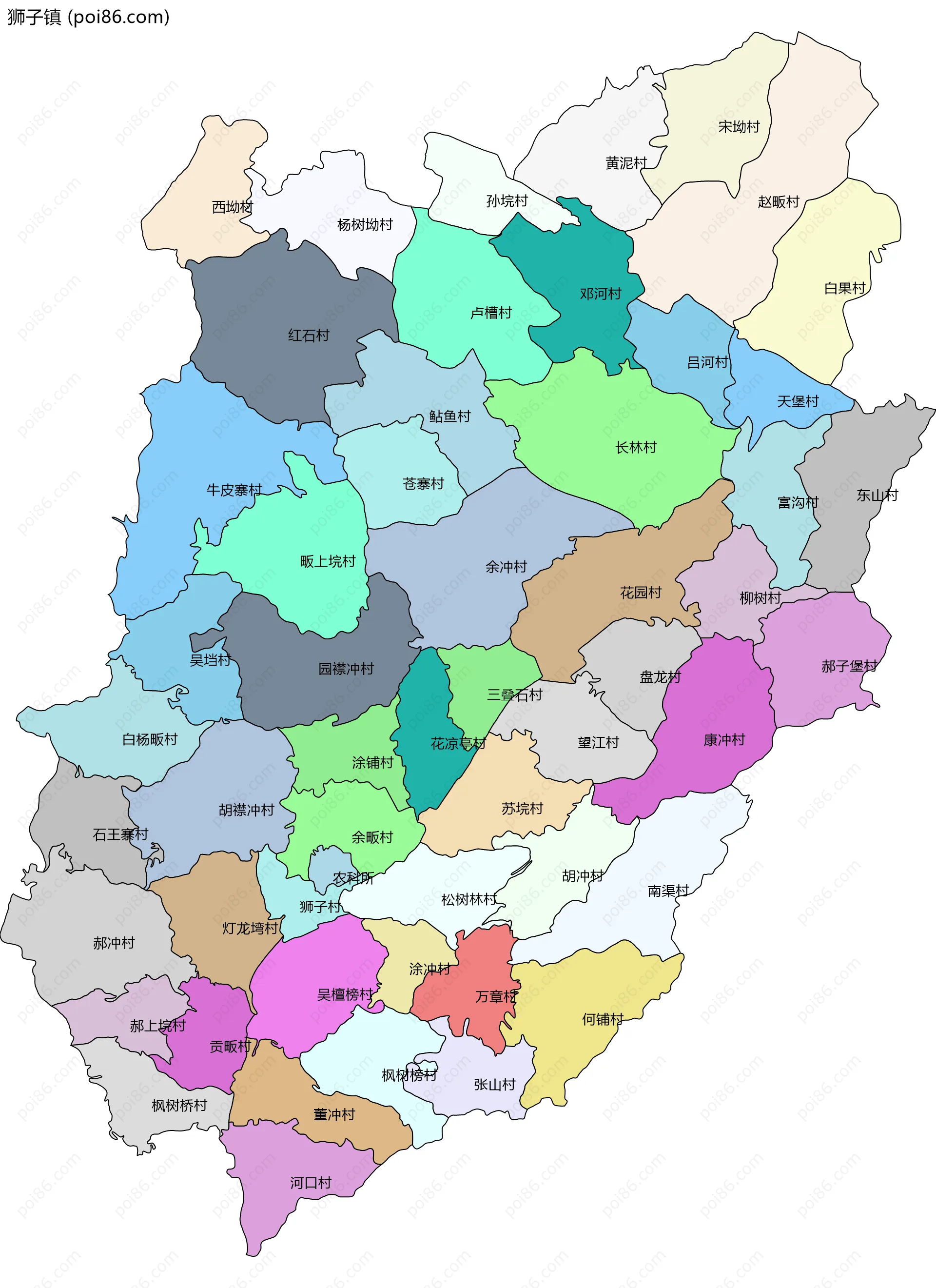 狮子镇边界地图(五级行政区划)