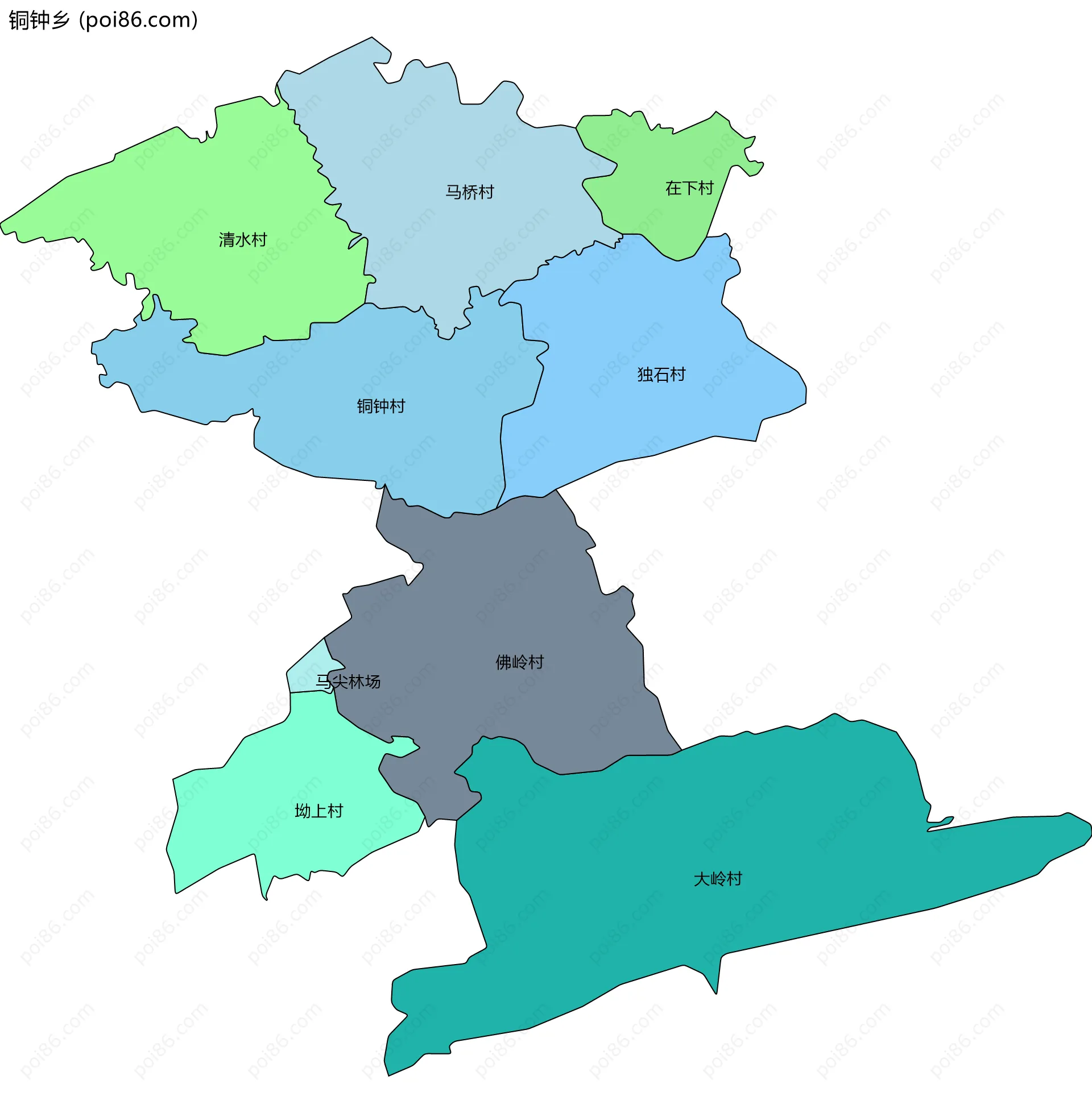 铜钟乡边界地图(五级行政区划)