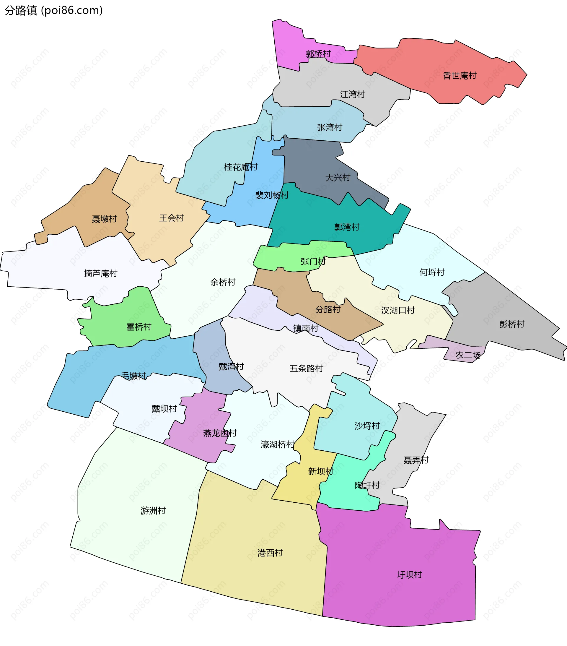 分路镇边界地图(五级行政区划)