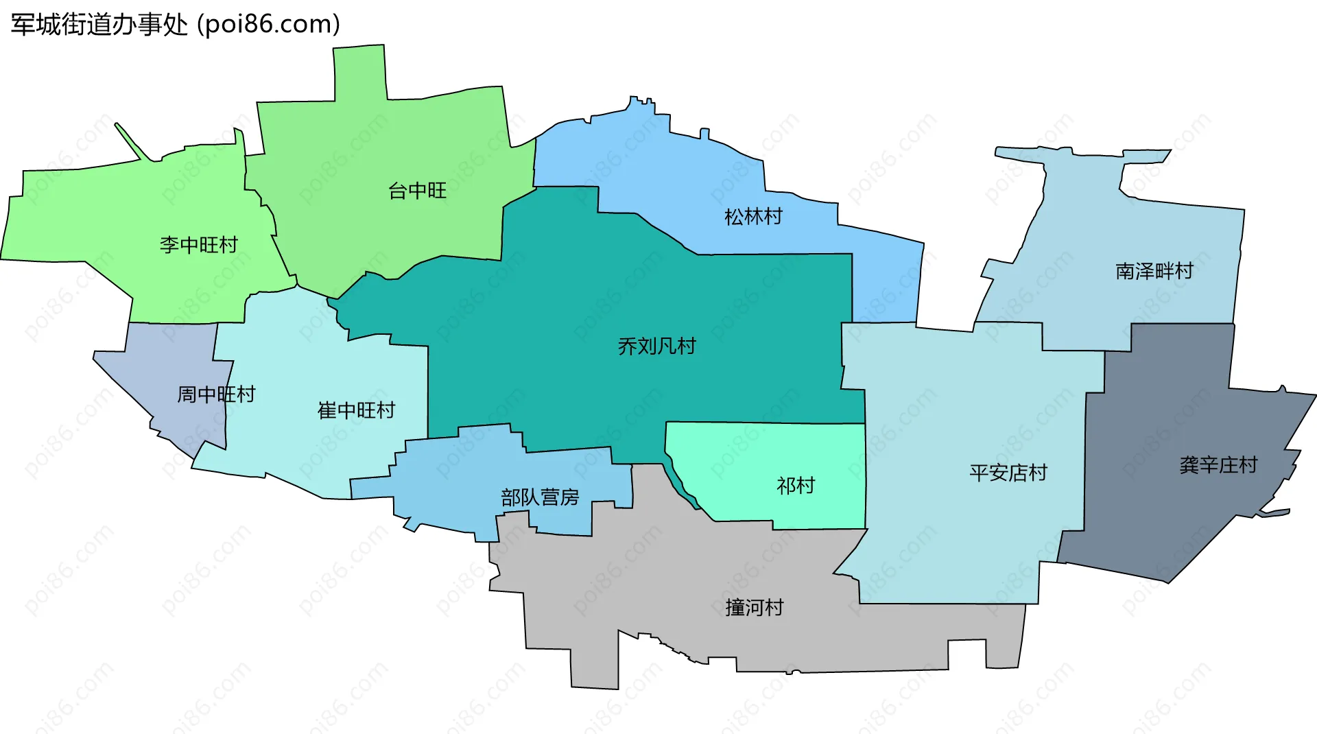 军城街道办事处边界地图(五级行政区划)