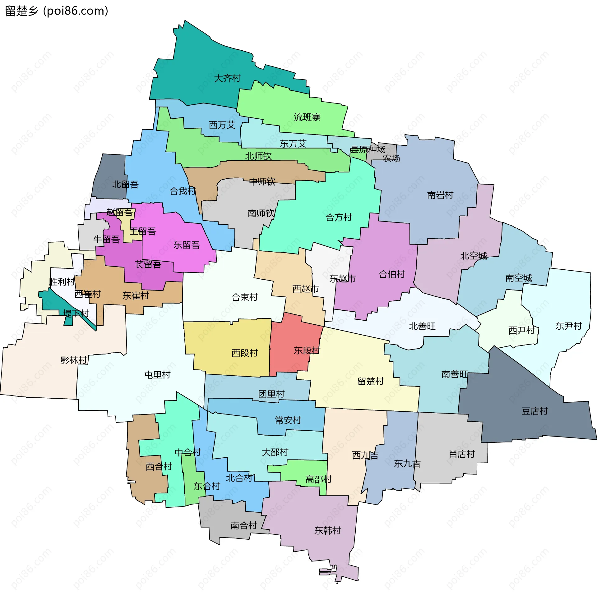 留楚乡边界地图(五级行政区划)
