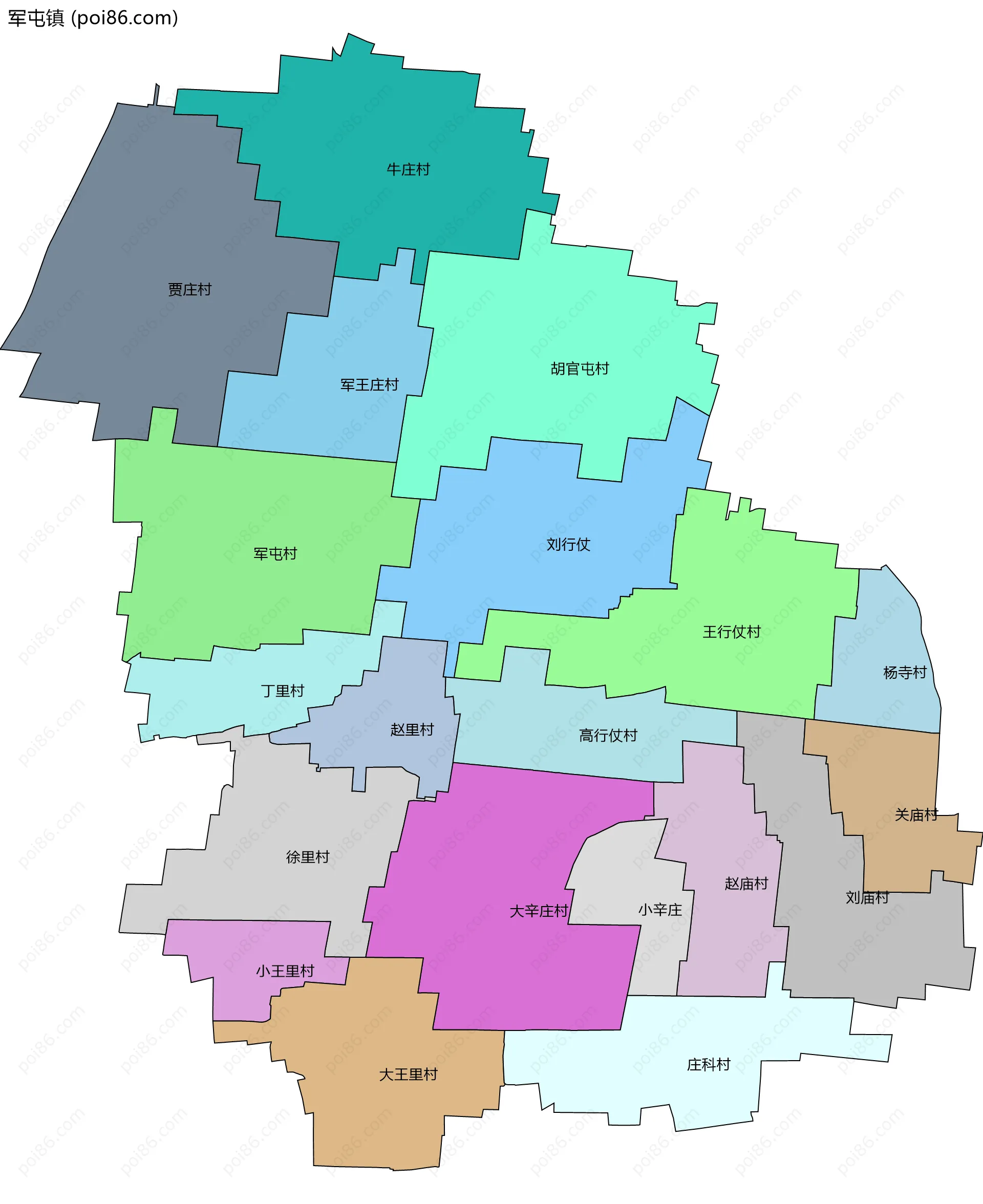 军屯镇边界地图(五级行政区划)