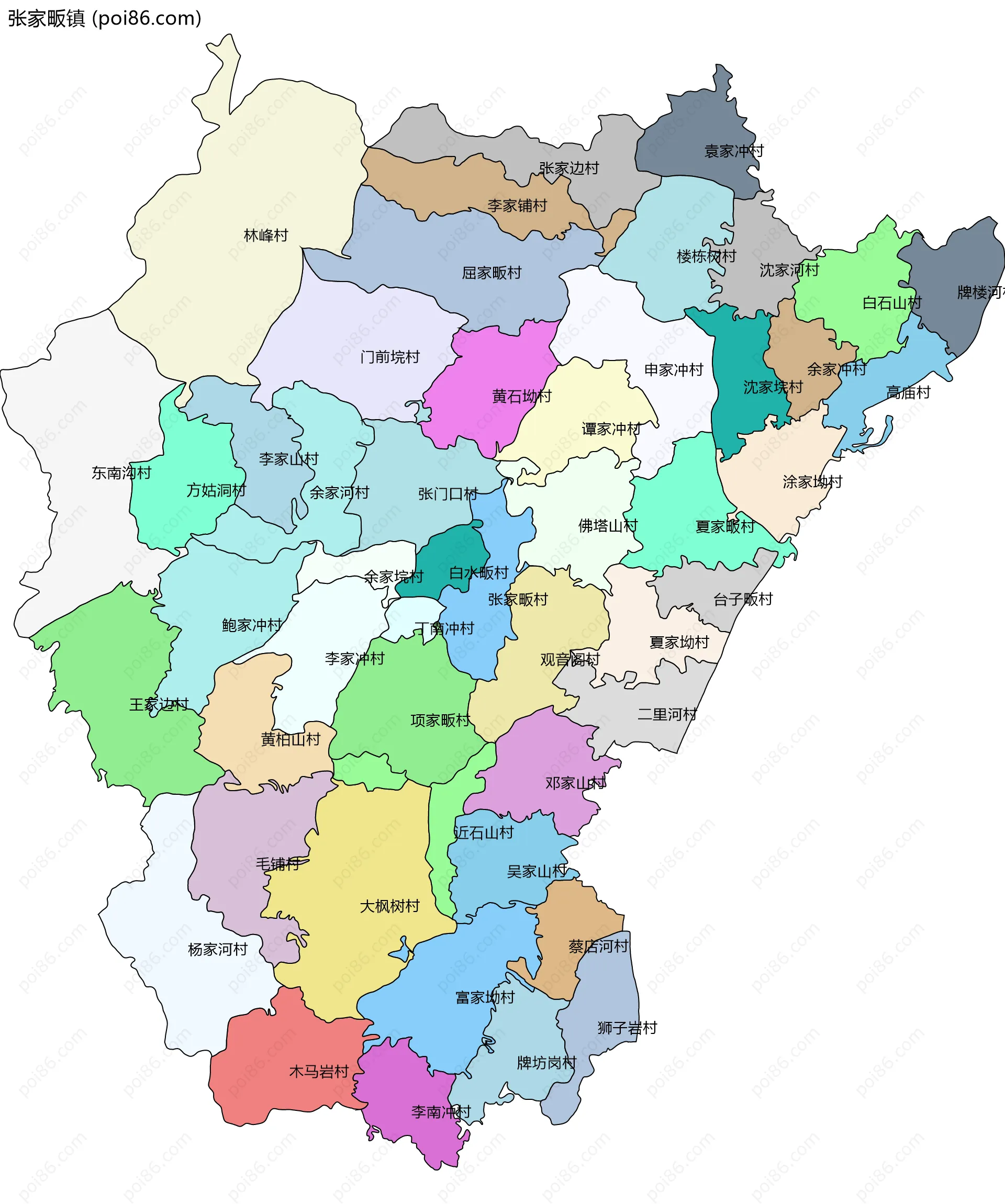 张家畈镇边界地图(五级行政区划)