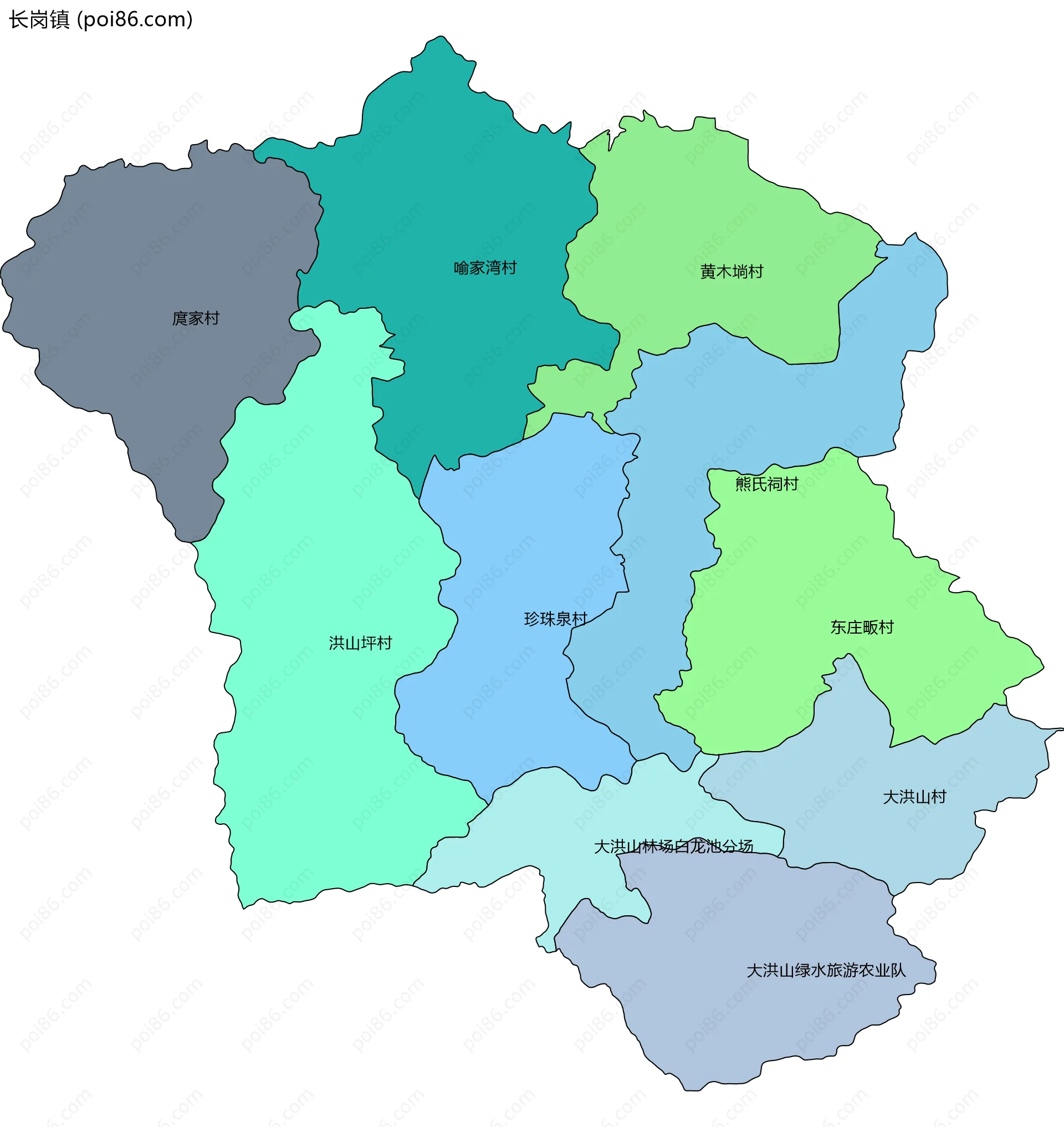 长岗镇边界地图(五级行政区划)