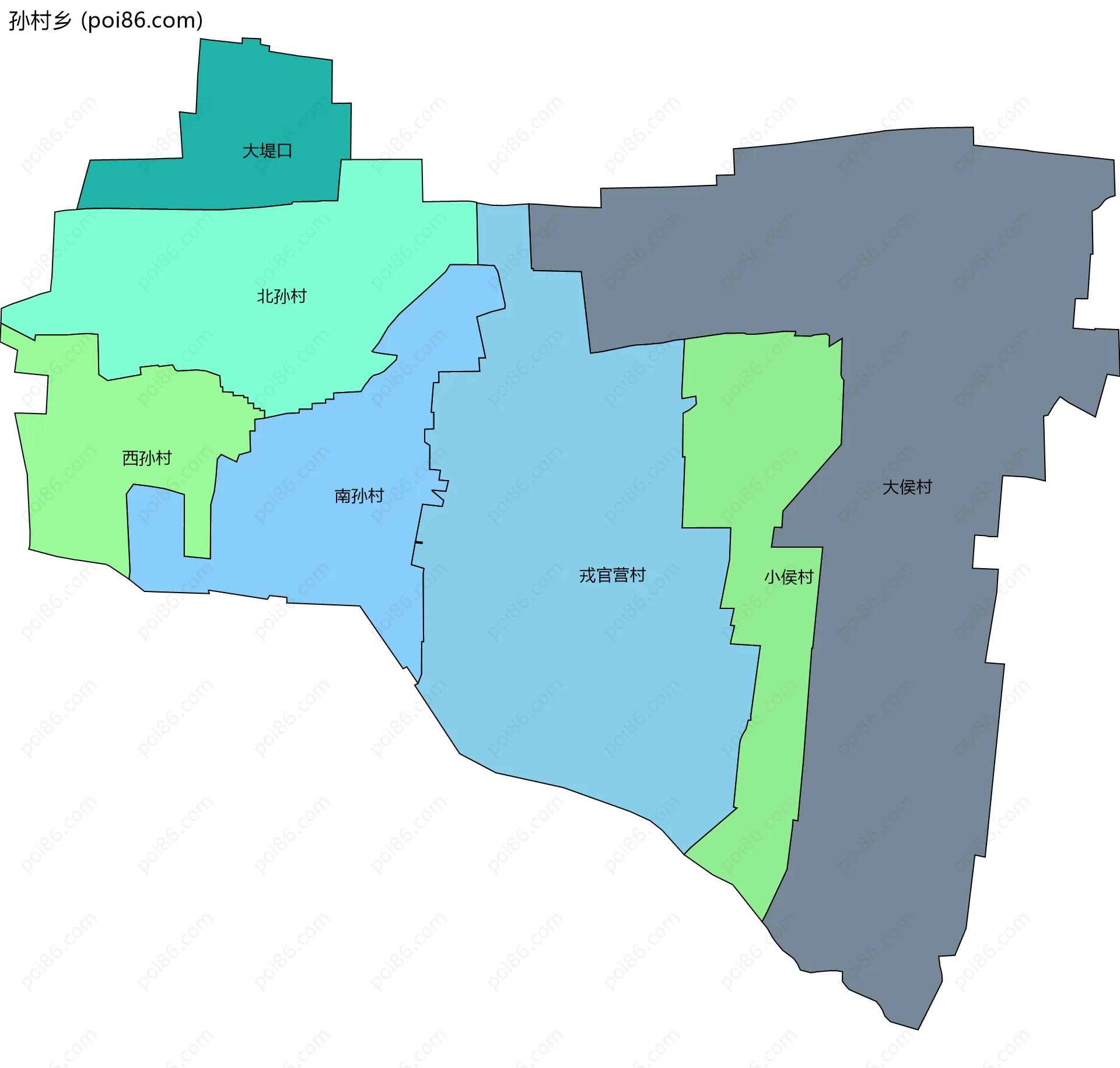 孙村乡边界地图(五级行政区划)