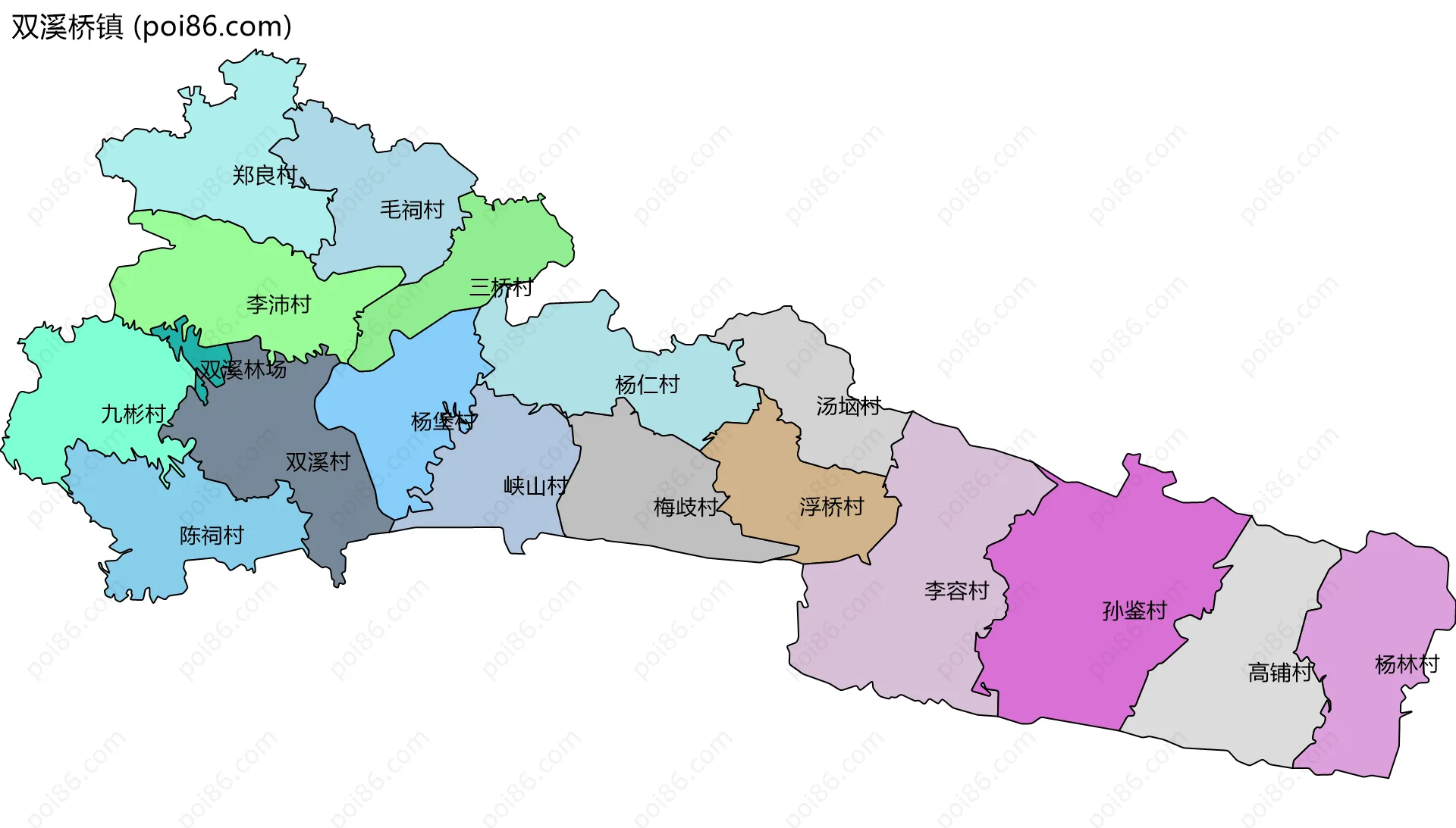 双溪桥镇边界地图(五级行政区划)