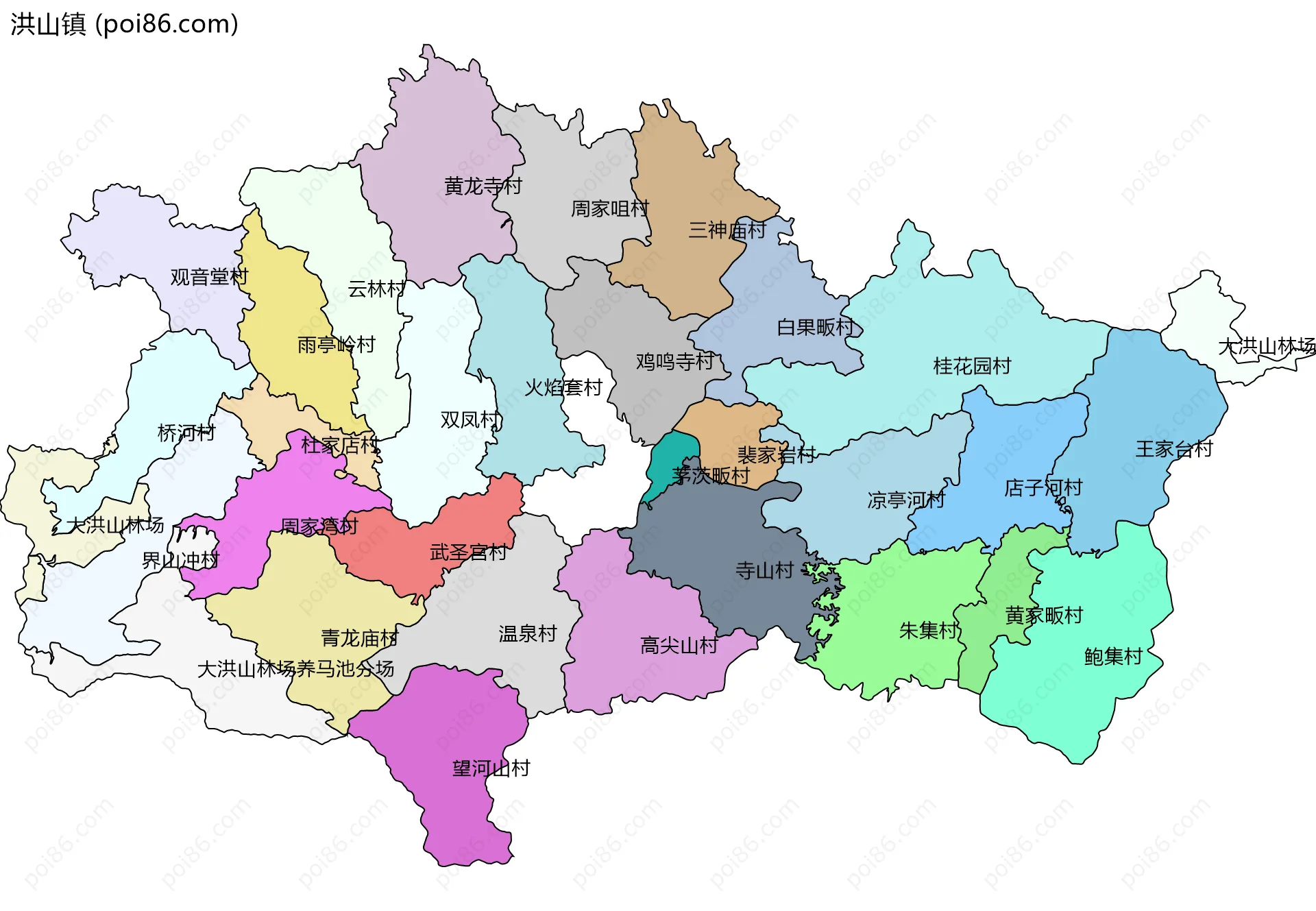 洪山镇边界地图(五级行政区划)