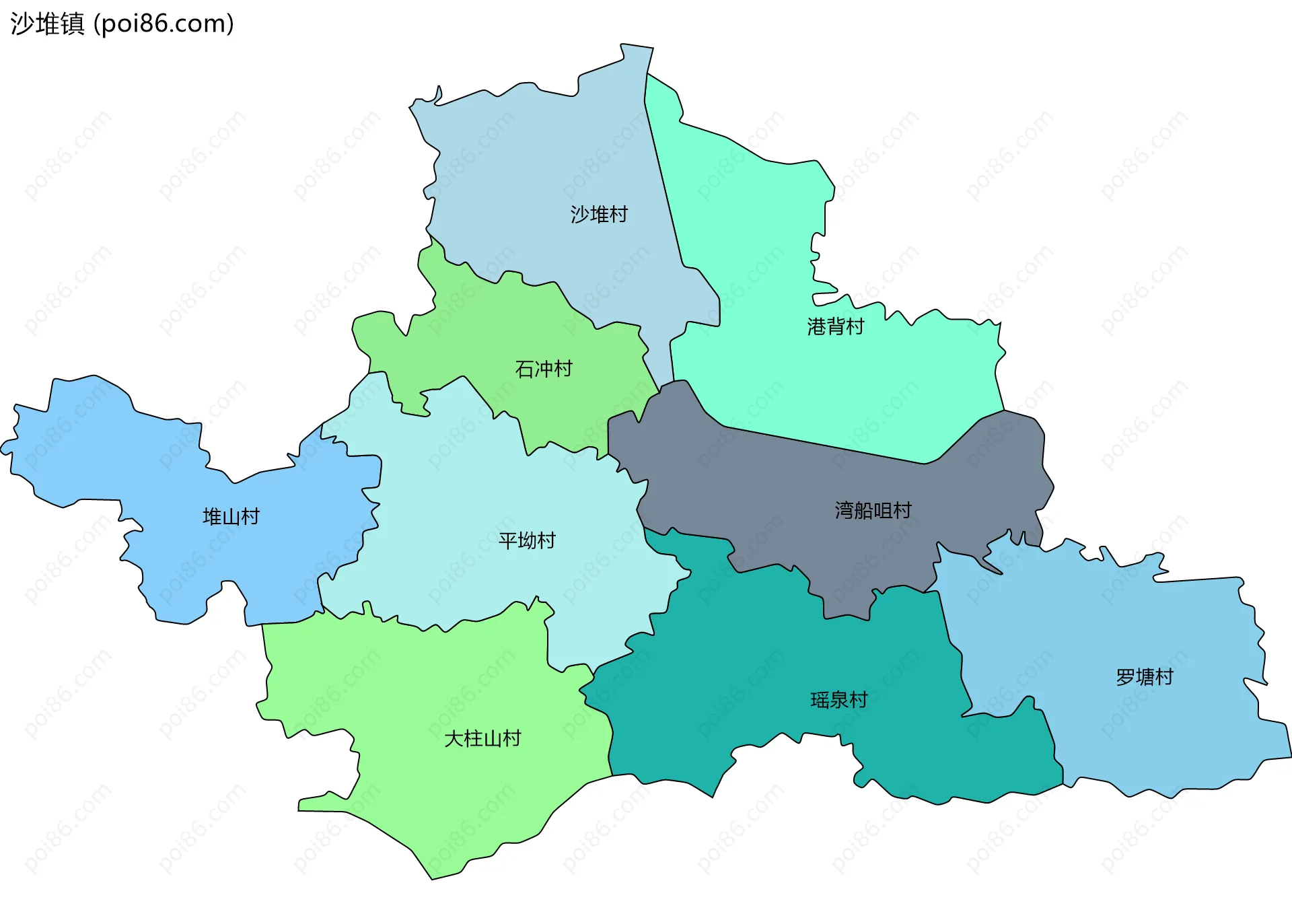 沙堆镇边界地图(五级行政区划)
