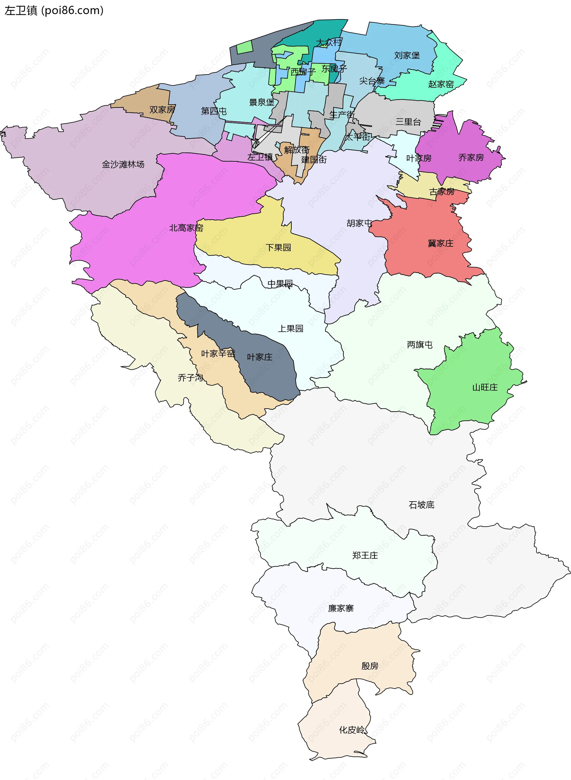 左卫镇边界地图(五级行政区划)
