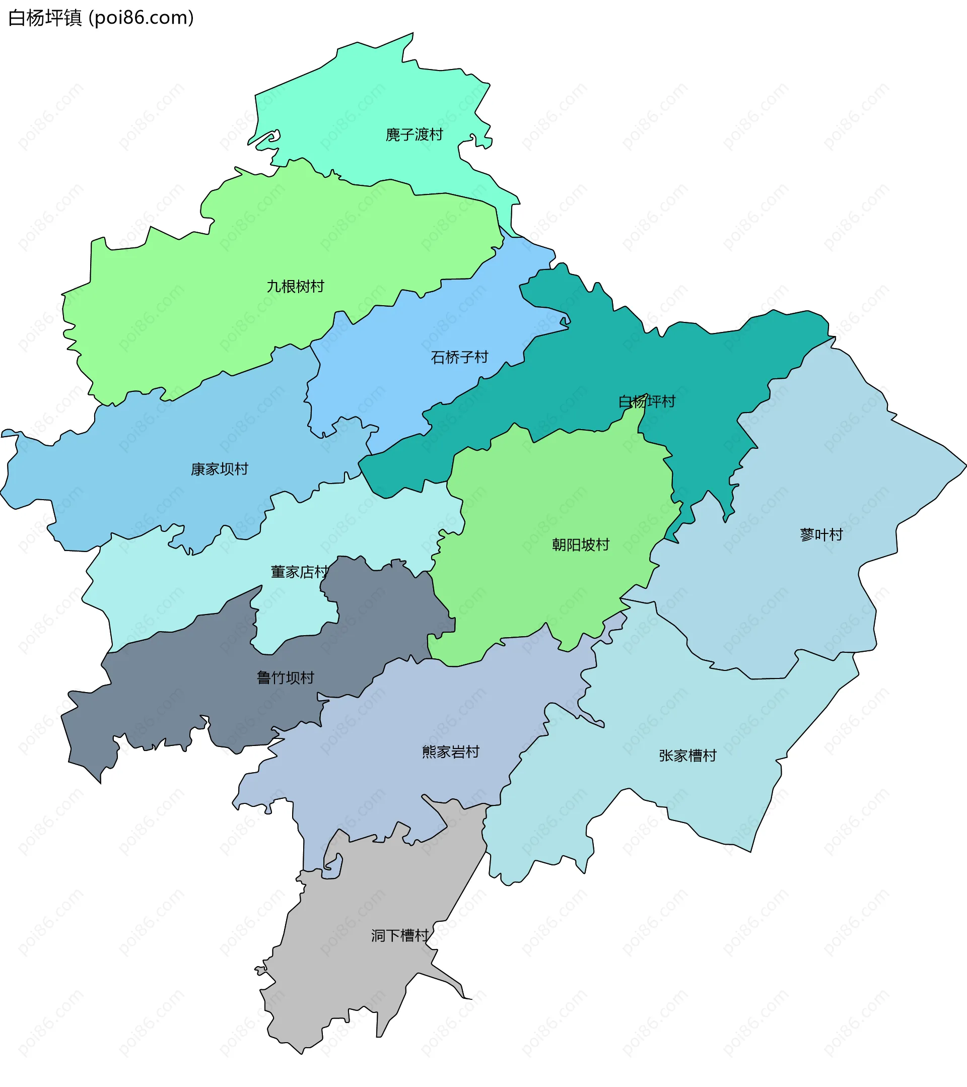 白杨坪镇边界地图(五级行政区划)