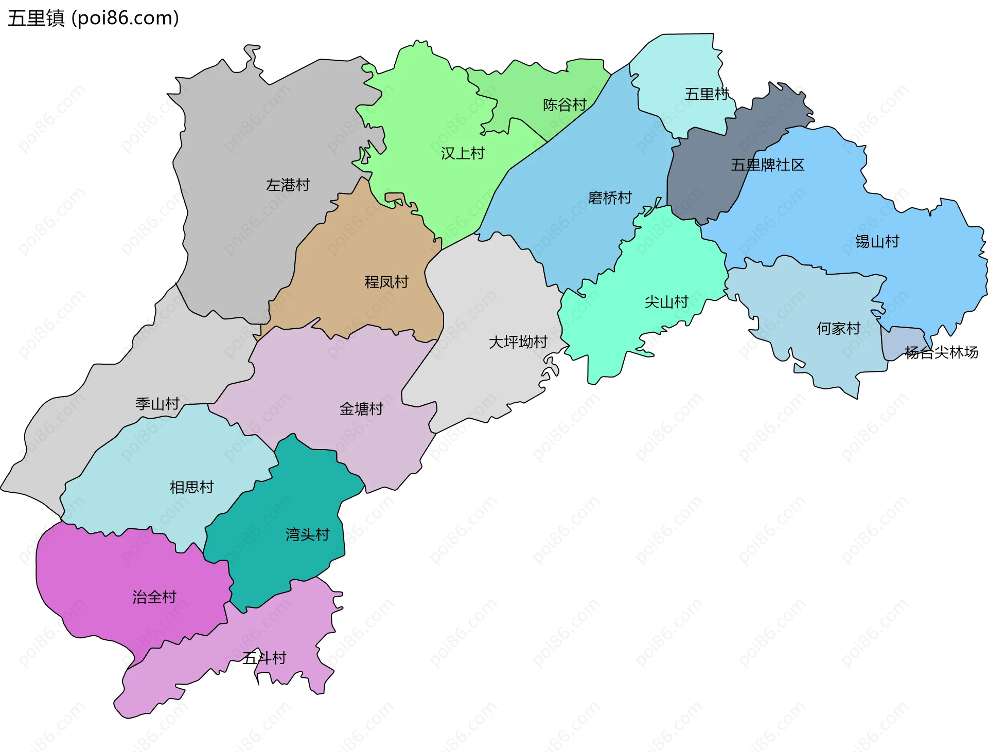 五里镇边界地图(五级行政区划)