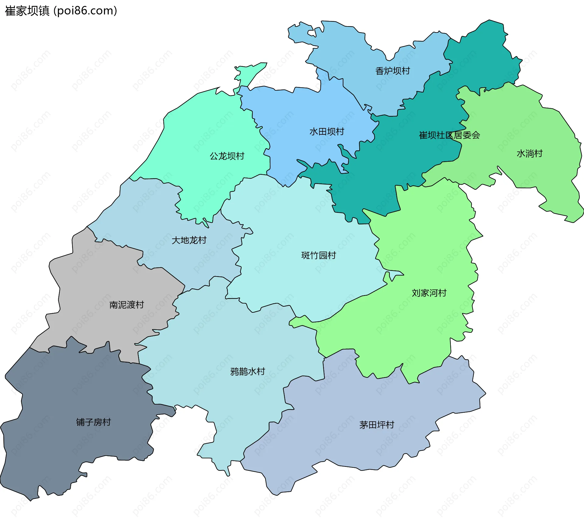 崔家坝镇边界地图(五级行政区划)