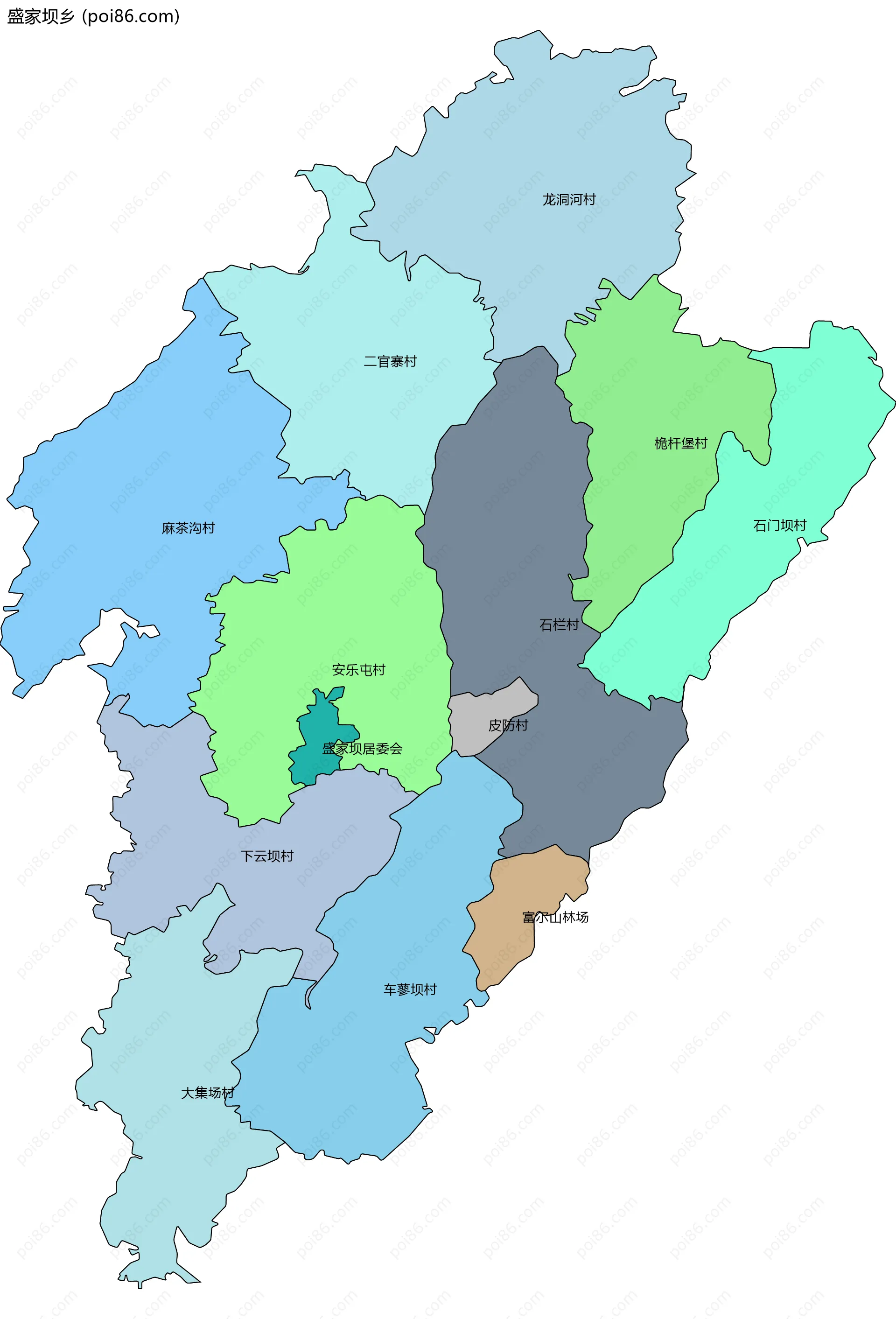 盛家坝乡边界地图(五级行政区划)