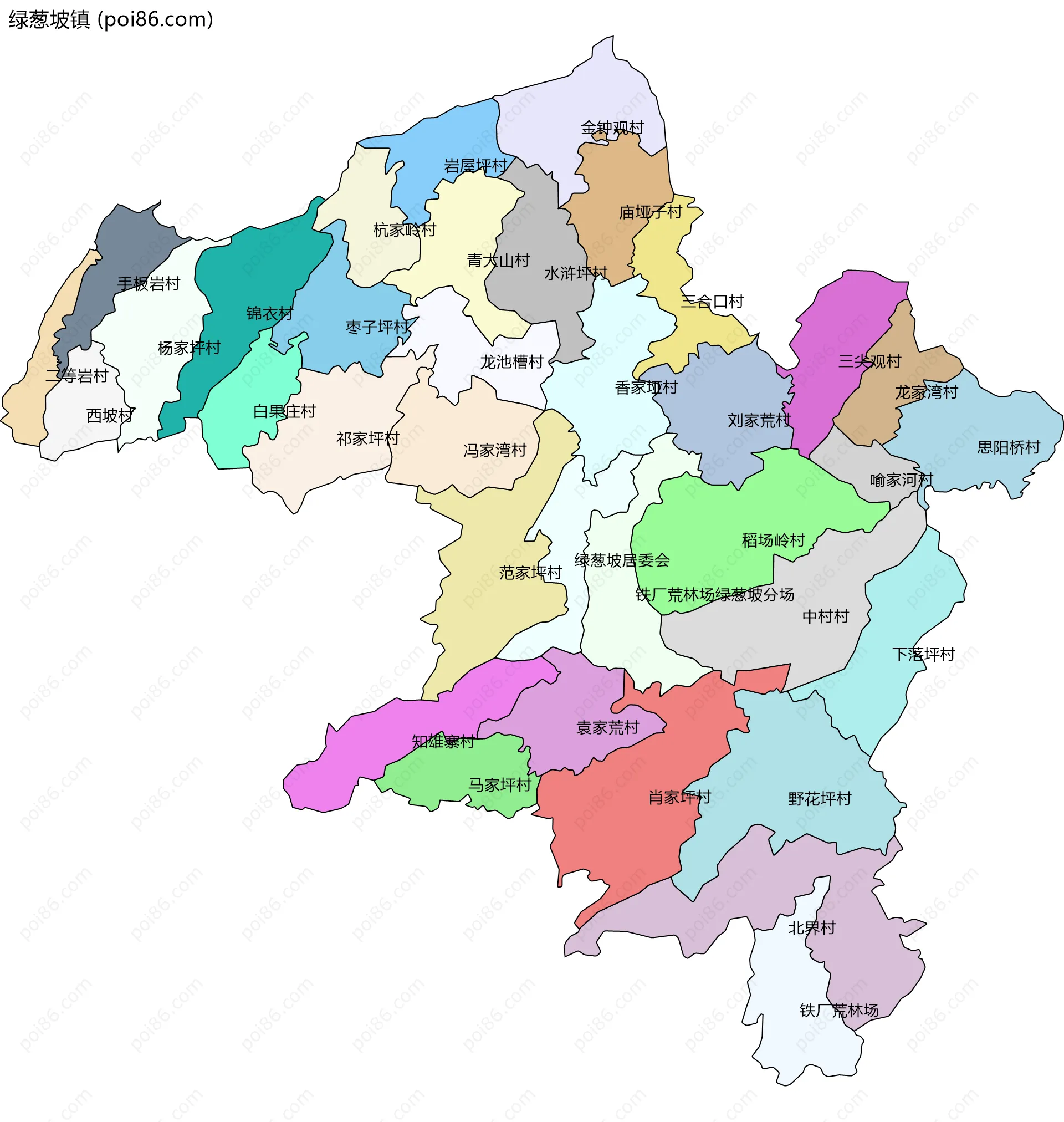 绿葱坡镇边界地图(五级行政区划)