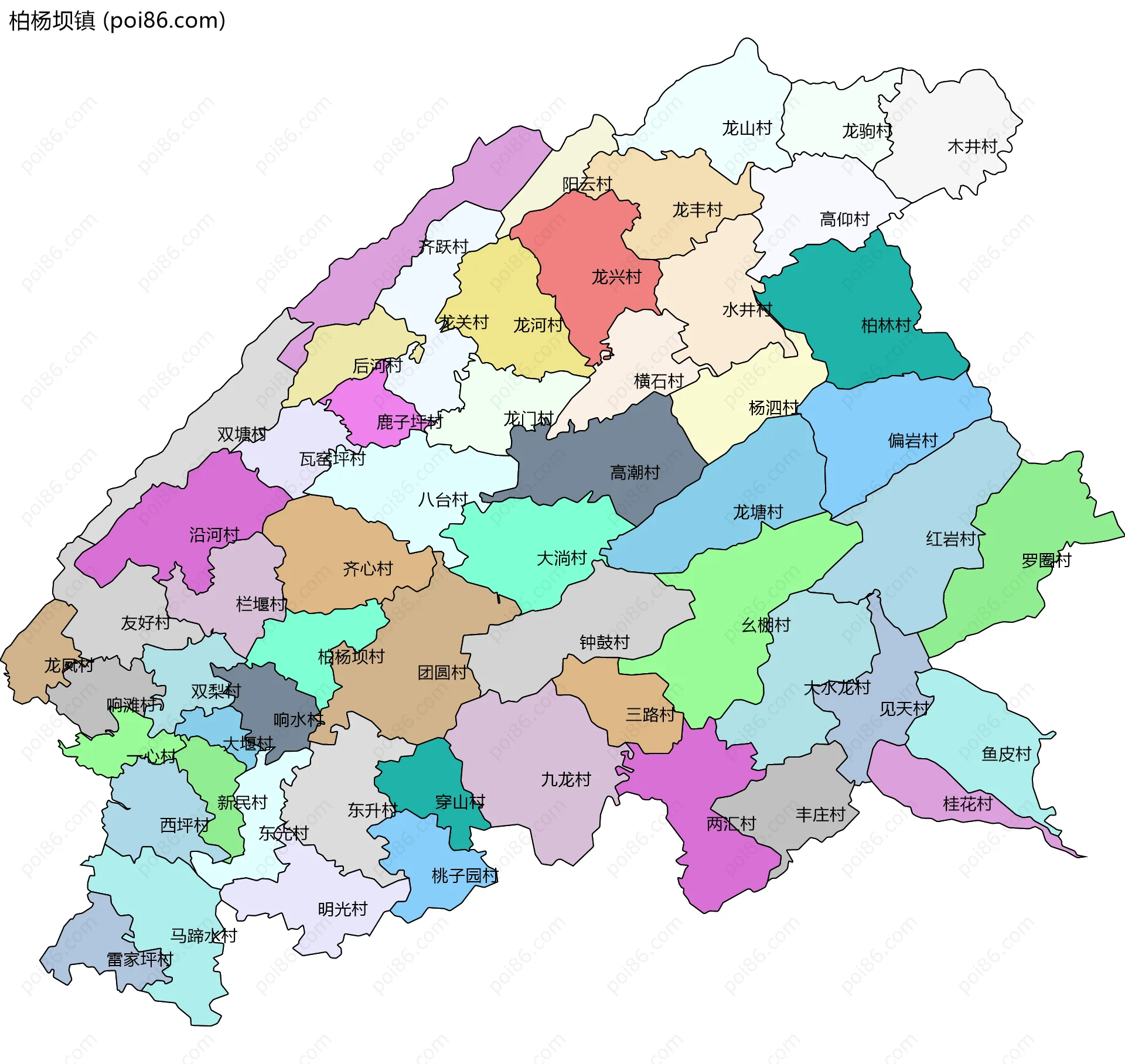 柏杨坝镇边界地图(五级行政区划)