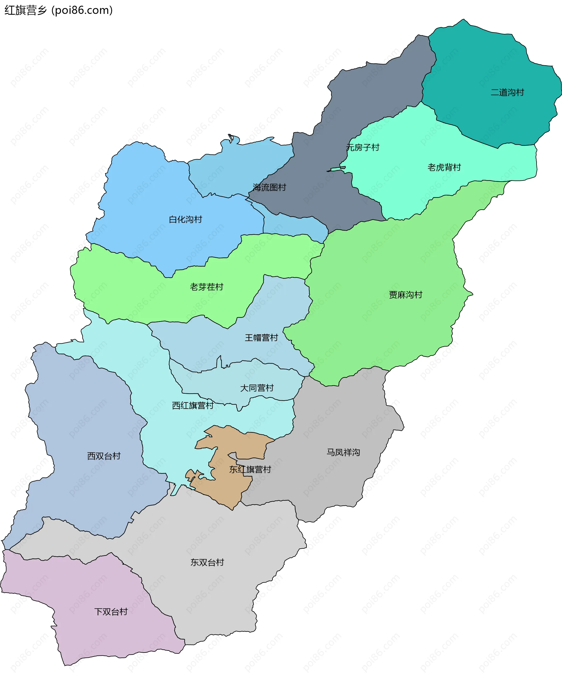 红旗营乡边界地图(五级行政区划)