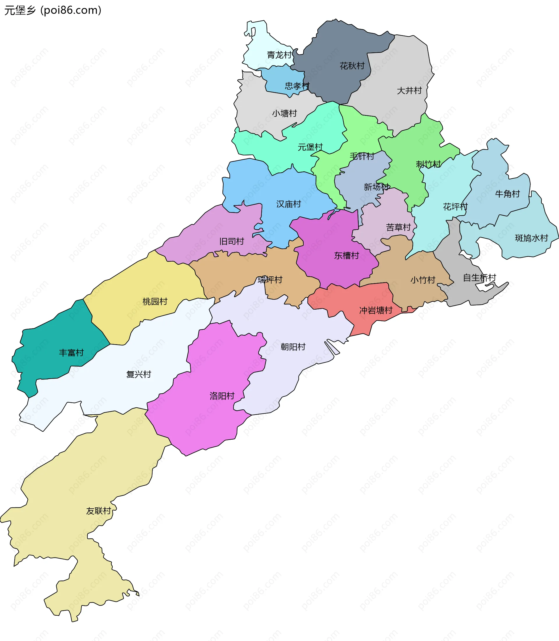 元堡乡边界地图(五级行政区划)