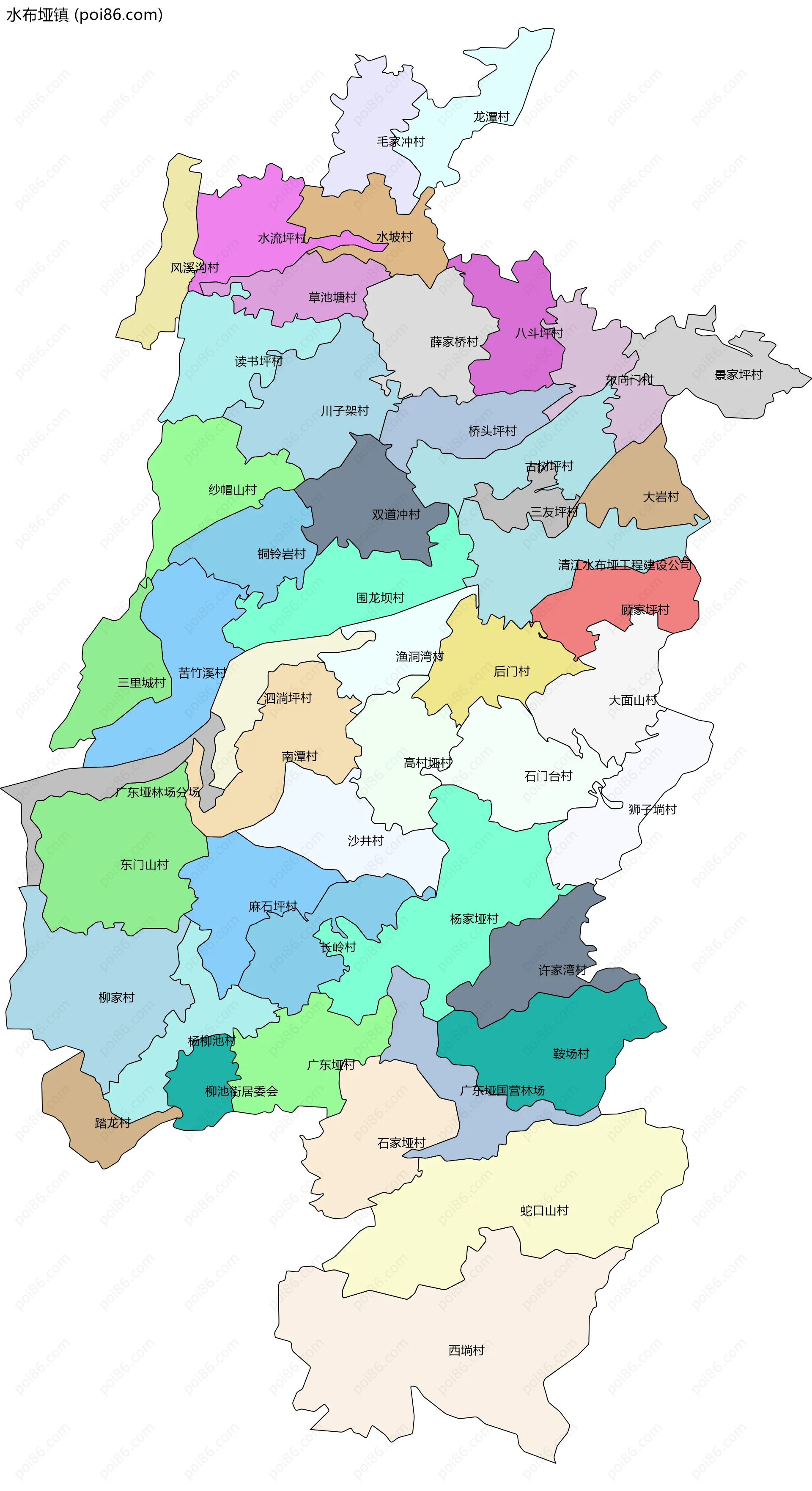 水布垭镇边界地图(五级行政区划)