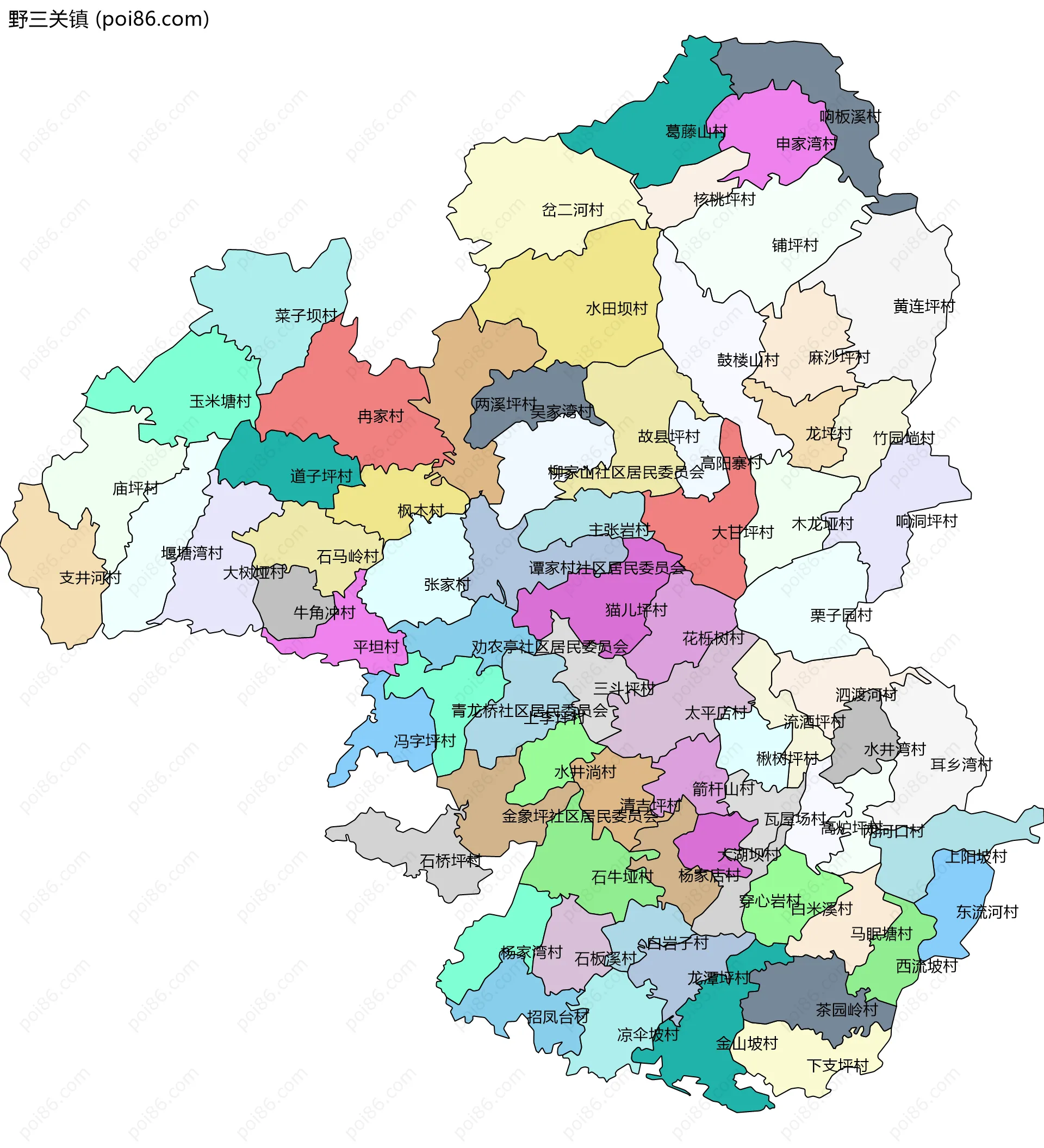 野三关镇边界地图(五级行政区划)