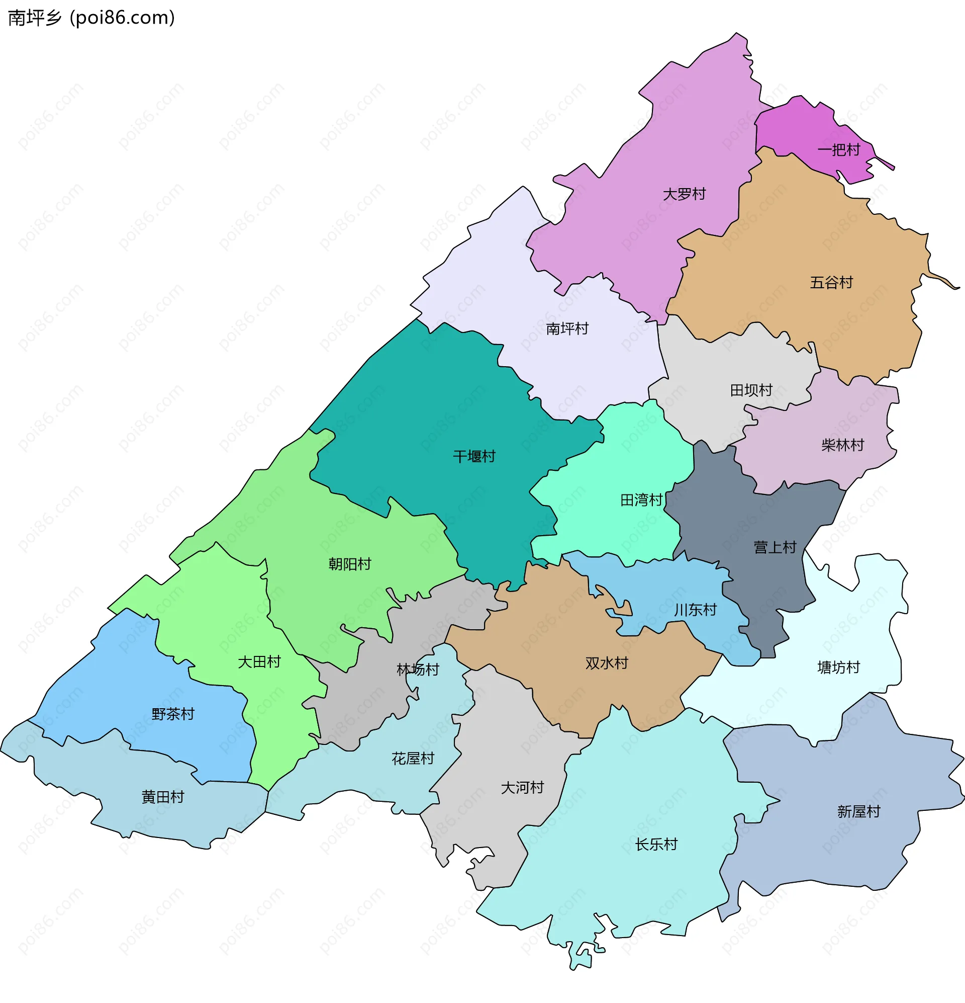 南坪乡边界地图(五级行政区划)