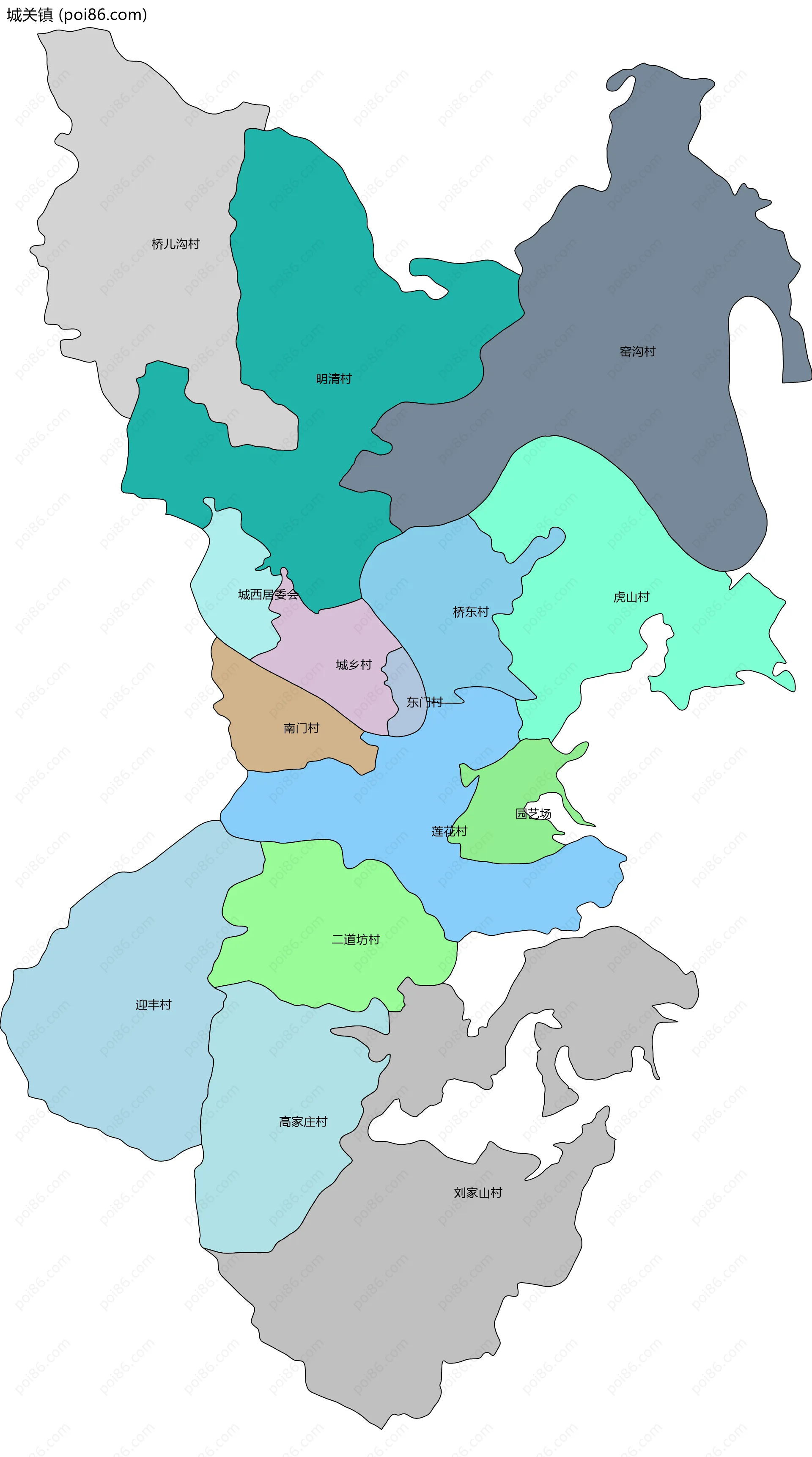 城关镇边界地图(五级行政区划)