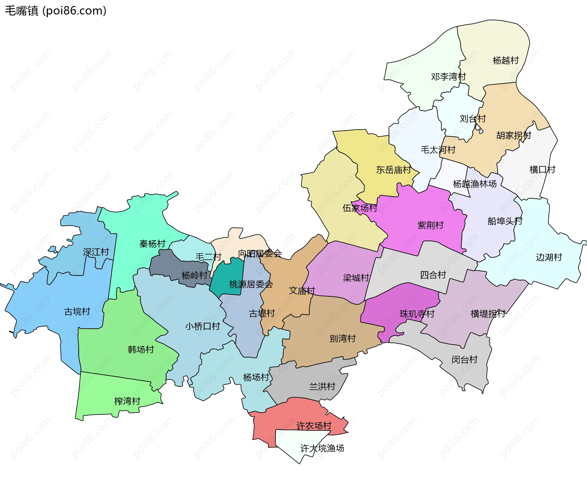 毛嘴镇边界地图(五级行政区划)