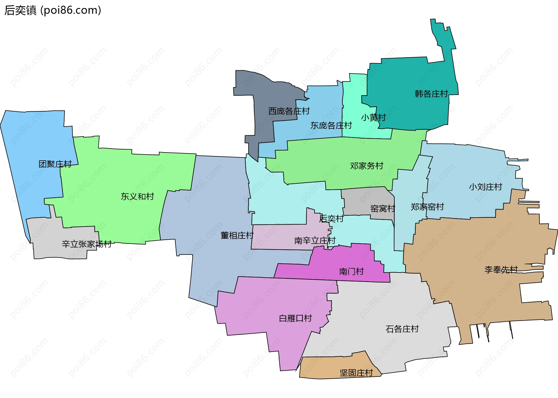 后奕镇边界地图(五级行政区划)