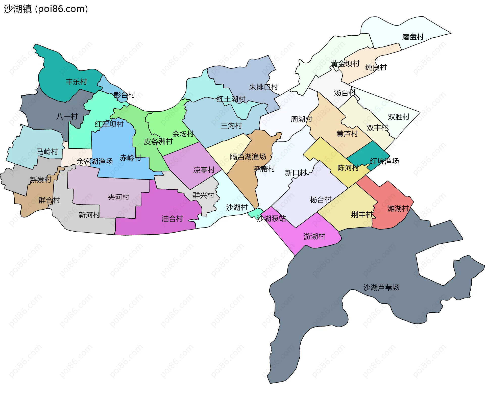 沙湖镇边界地图(五级行政区划)