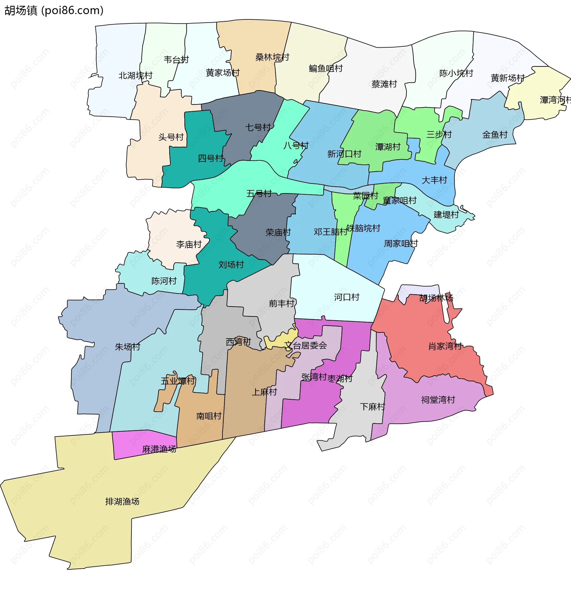胡场镇边界地图(五级行政区划)