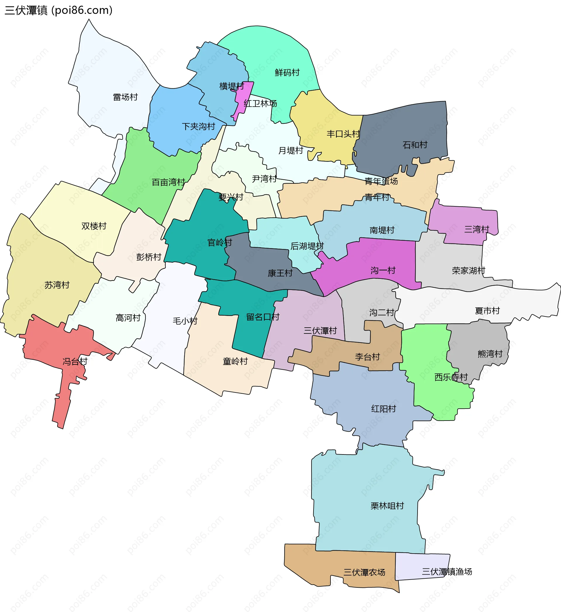 三伏潭镇边界地图(五级行政区划)