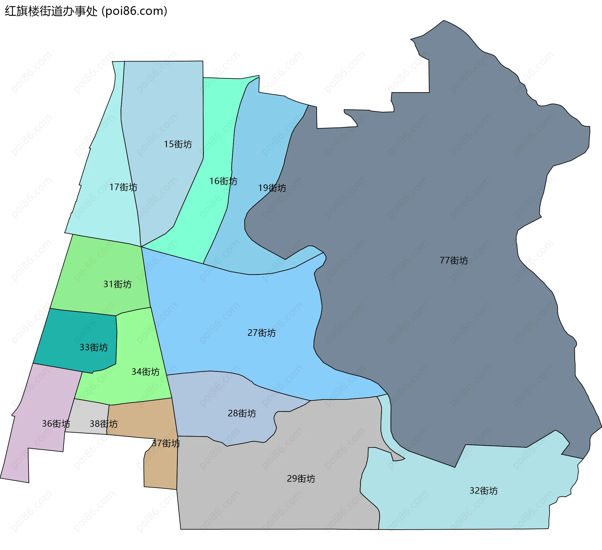 红旗楼街道办事处边界地图(五级行政区划)