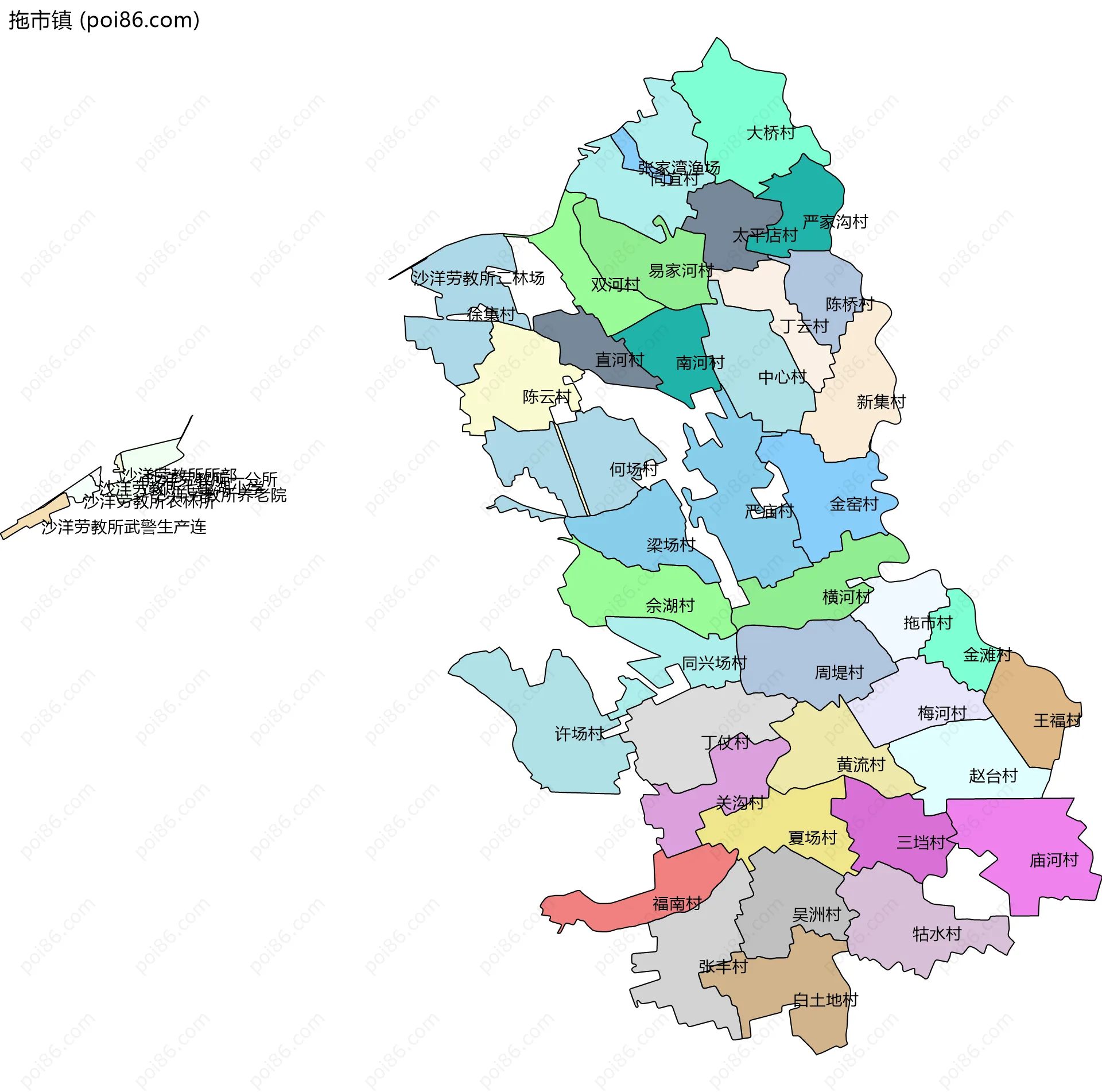 拖市镇边界地图(五级行政区划)