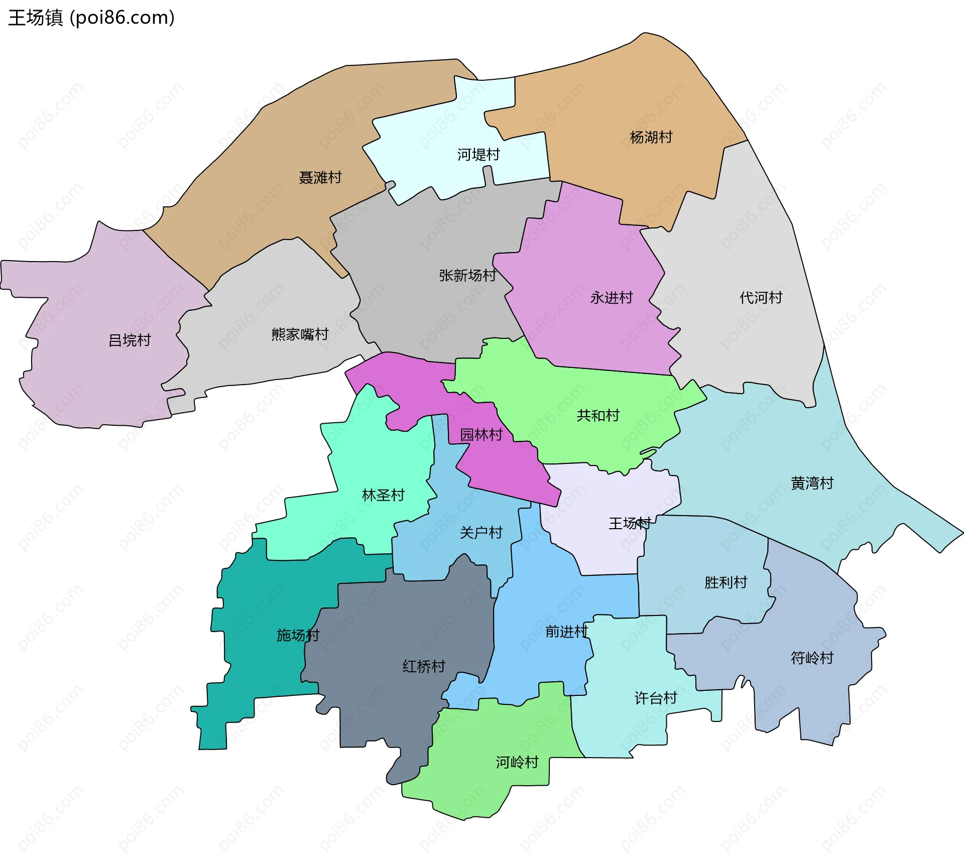 王场镇边界地图(五级行政区划)