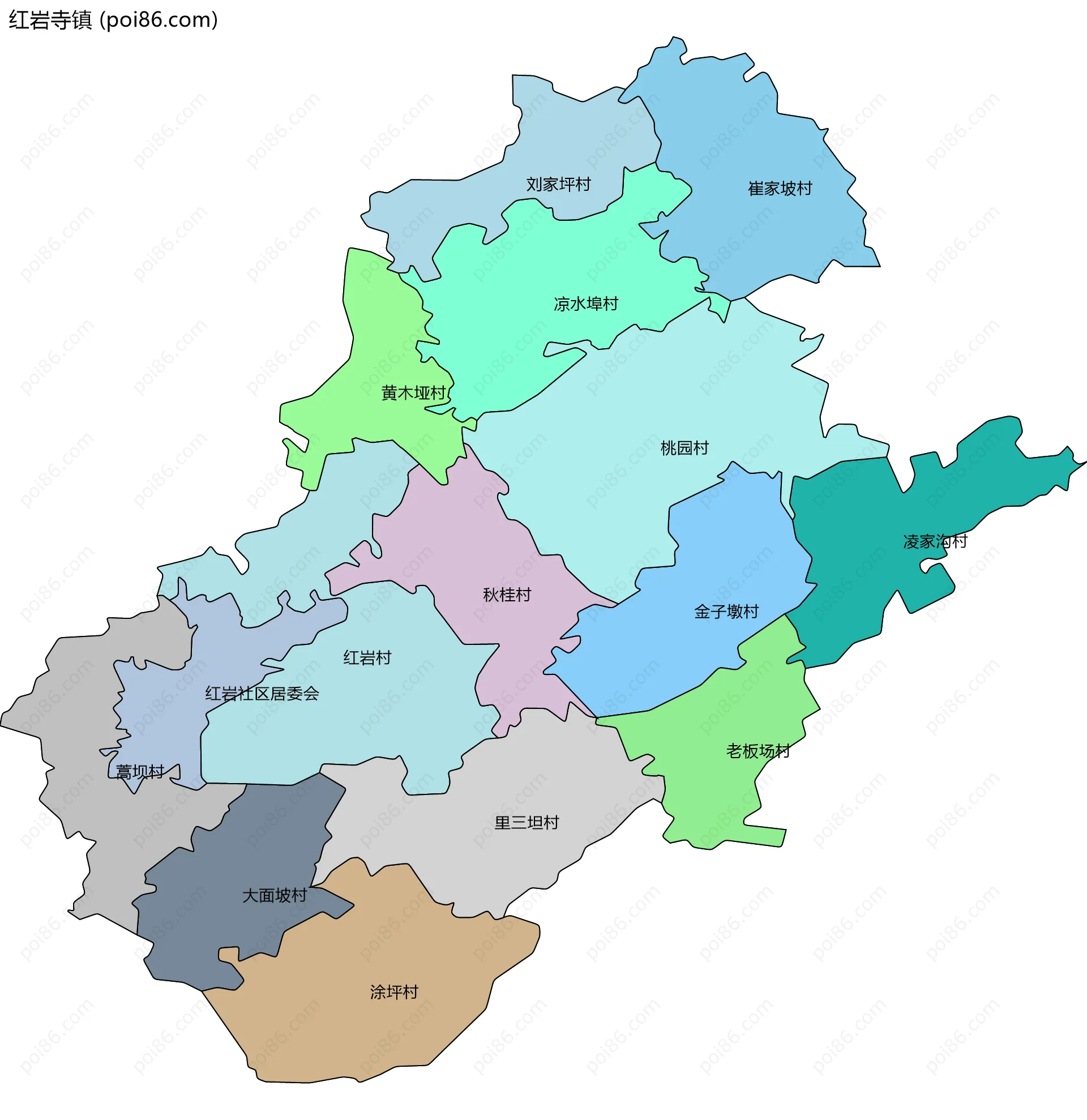 红岩寺镇边界地图(五级行政区划)