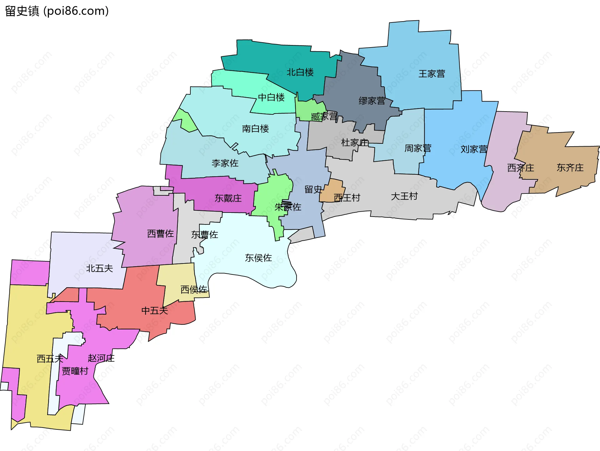 留史镇边界地图(五级行政区划)