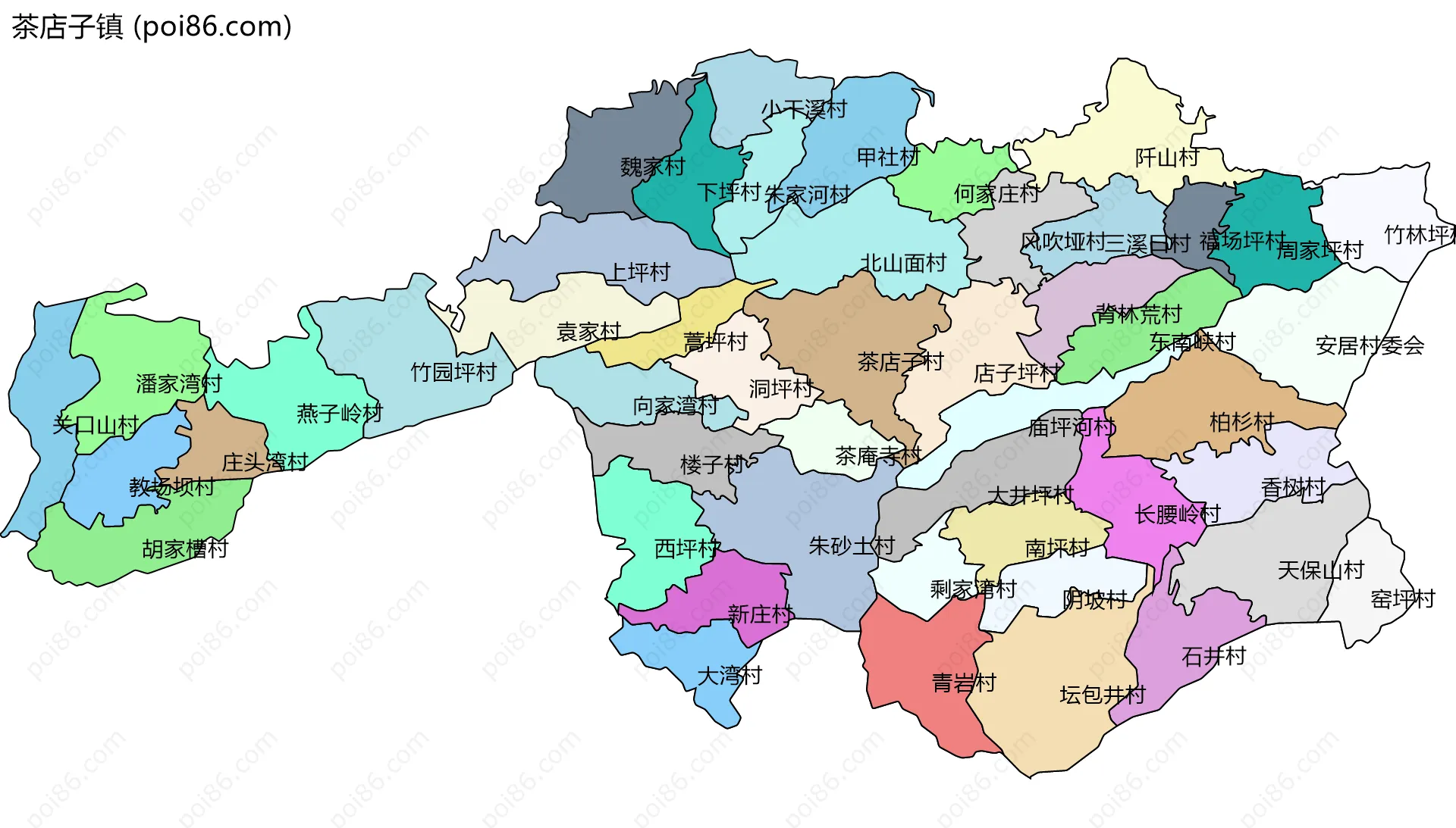 茶店子镇边界地图(五级行政区划)