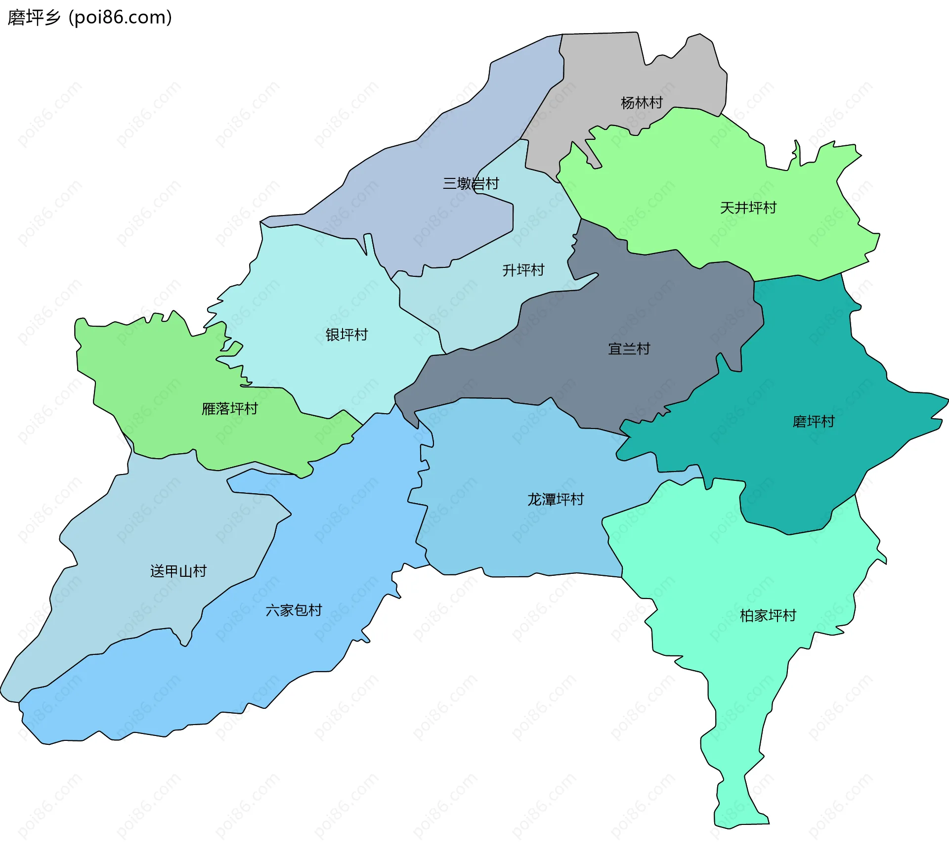 磨坪乡边界地图(五级行政区划)