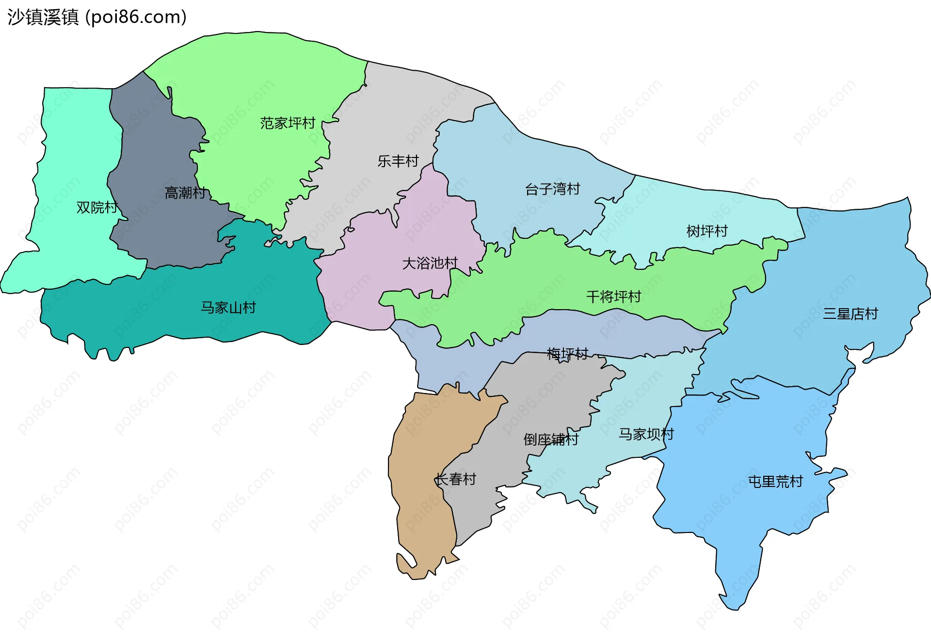 沙镇溪镇边界地图(五级行政区划)