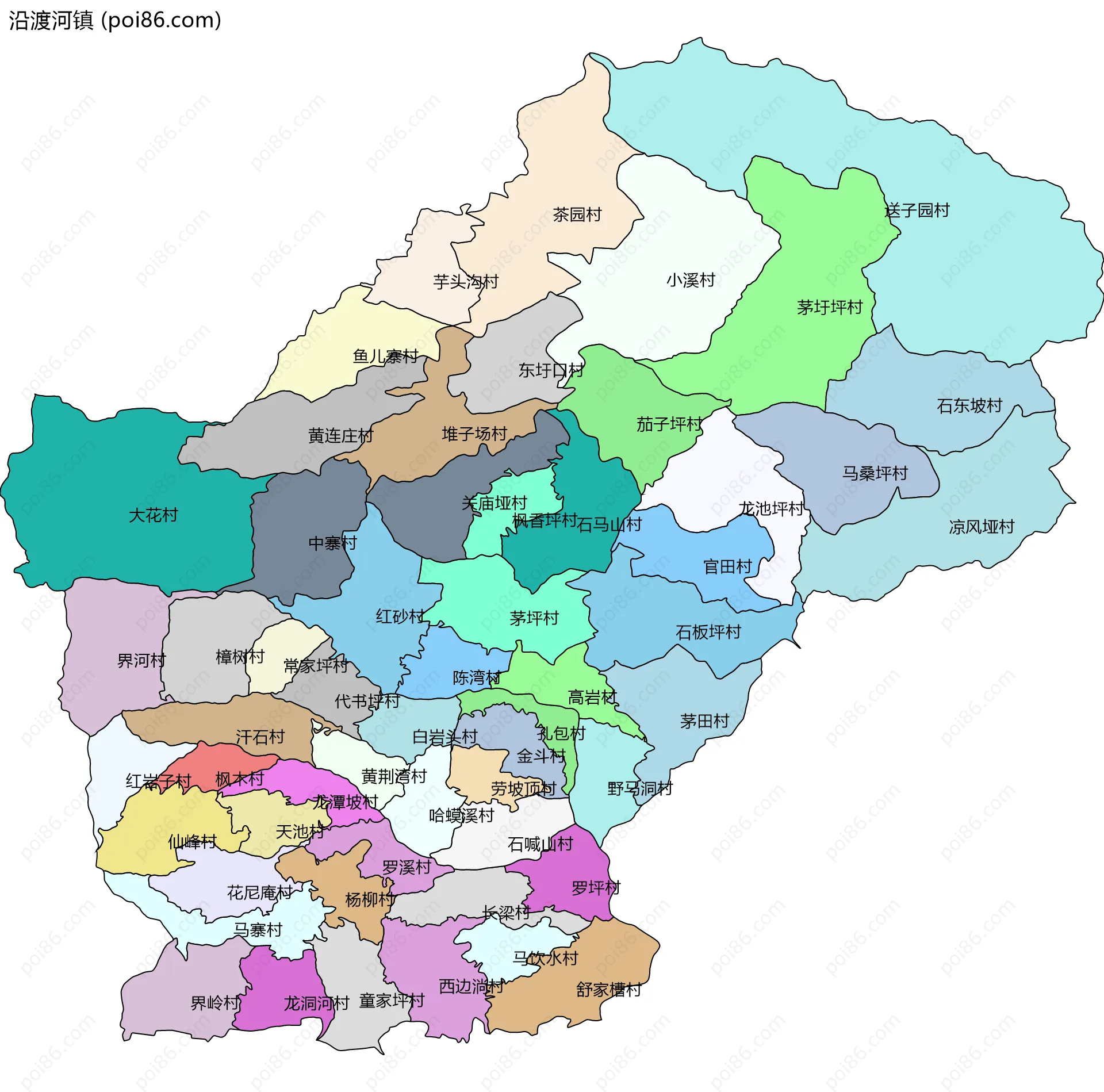 沿渡河镇边界地图(五级行政区划)