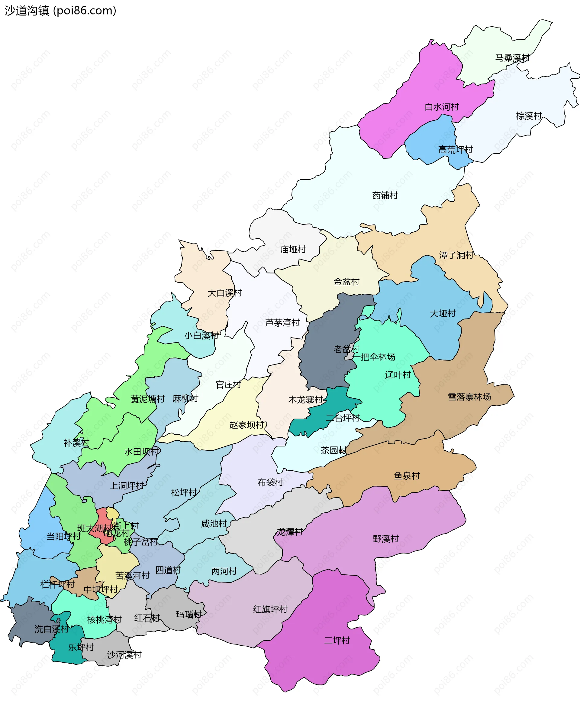 沙道沟镇边界地图(五级行政区划)