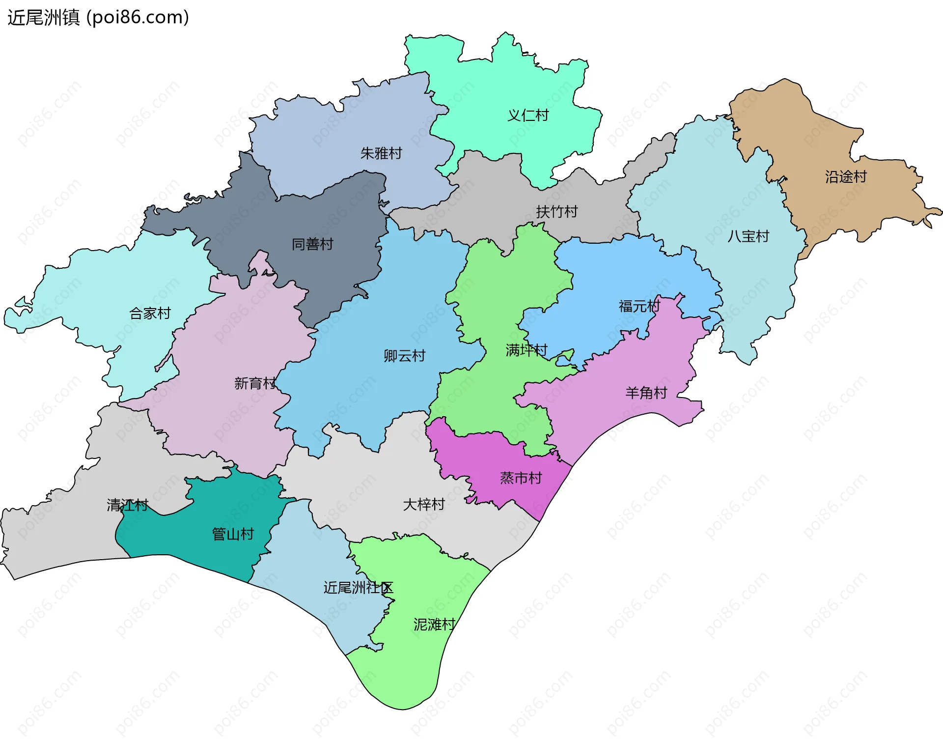 近尾洲镇边界地图(五级行政区划)